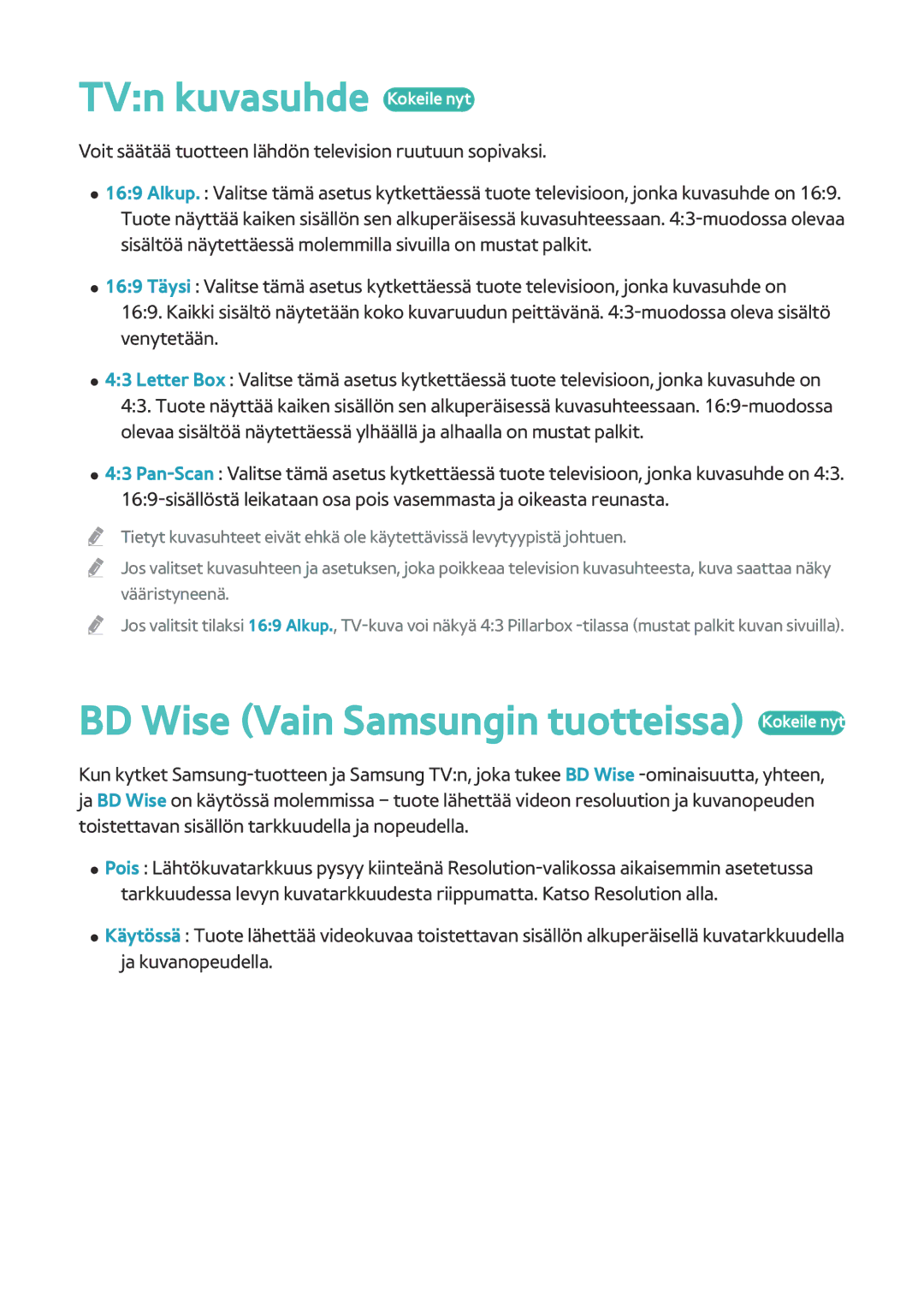 Samsung BD-H8500N/XE, BD-H8900N/XE manual TVn kuvasuhde Kokeile nyt, BD Wise Vain Samsungin tuotteissa Kokeile nyt 