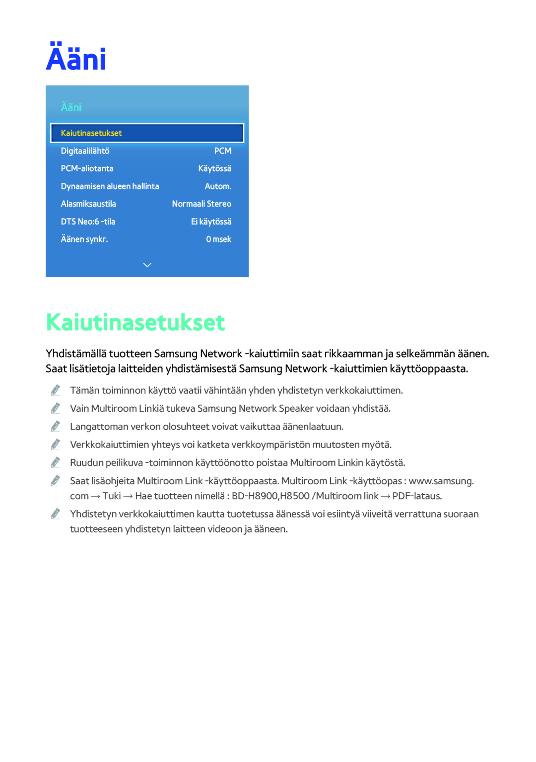 Samsung BD-H8900N/XE, BD-H8500N/XE manual Ääni, Kaiutinasetukset 