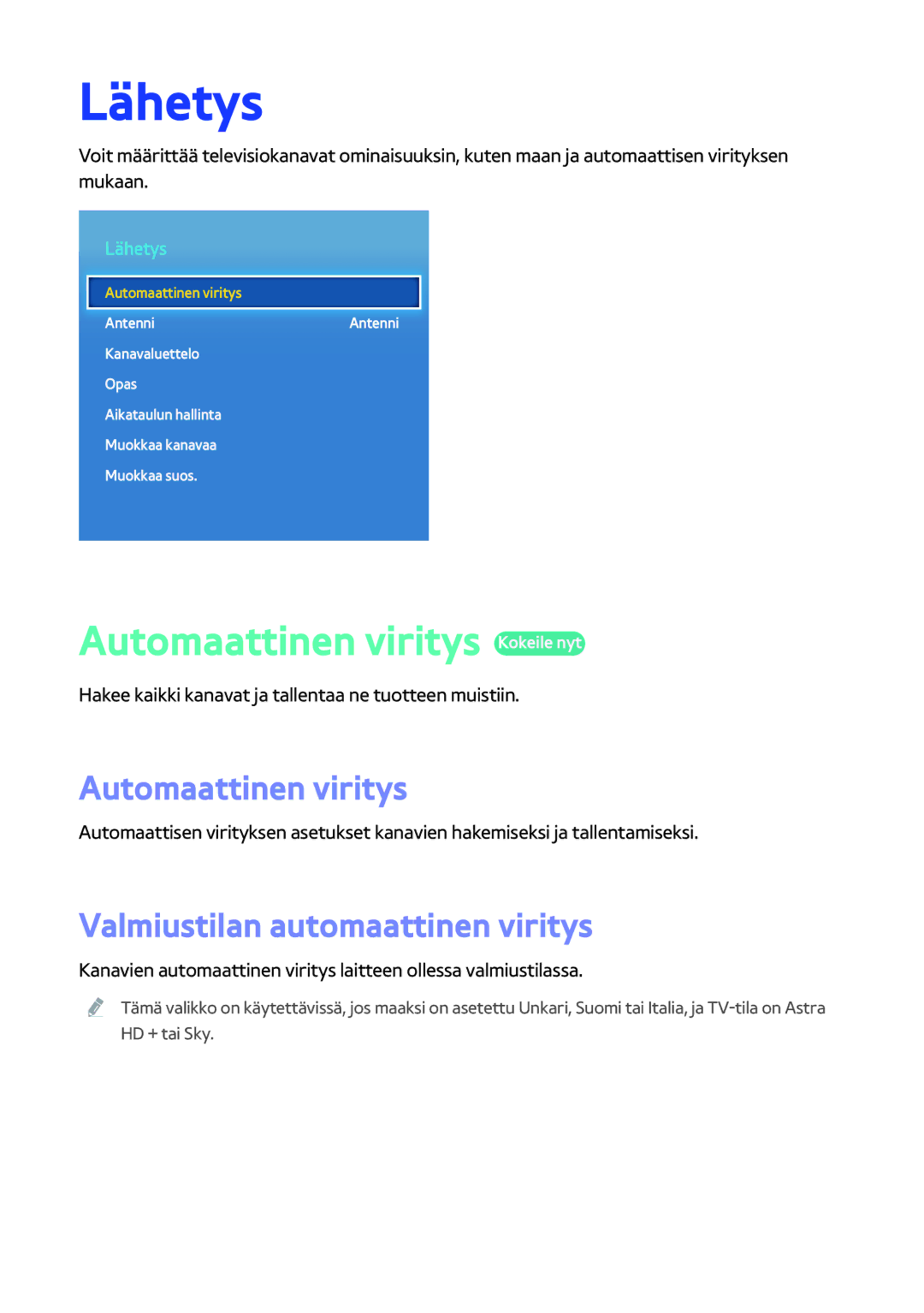 Samsung BD-H8500N/XE, BD-H8900N/XE manual Lähetys, Automaattinen viritys Kokeile nyt, Valmiustilan automaattinen viritys 