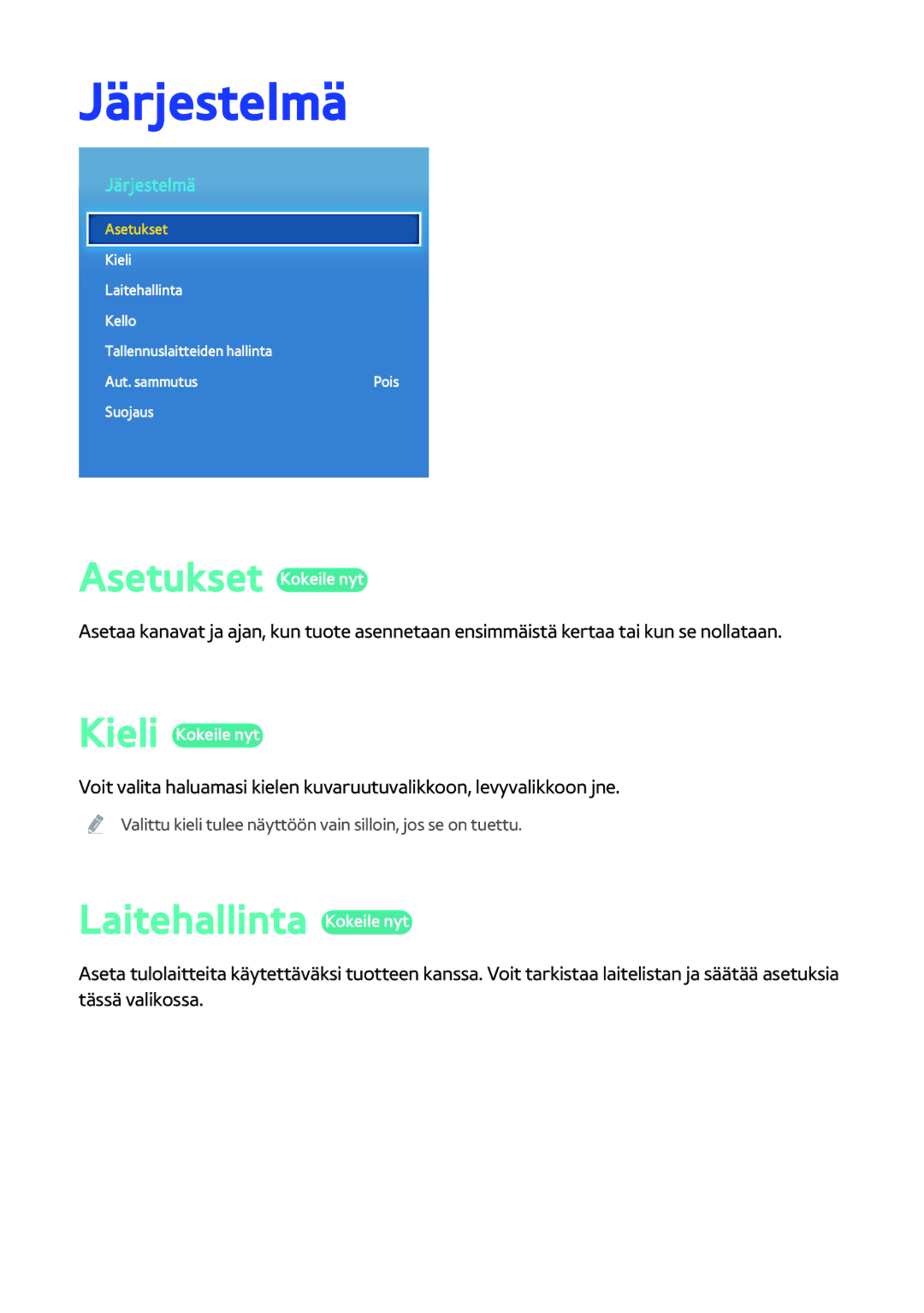 Samsung BD-H8900N/XE, BD-H8500N/XE manual Järjestelmä, Asetukset Kokeile nyt, Laitehallinta Kokeile nyt 