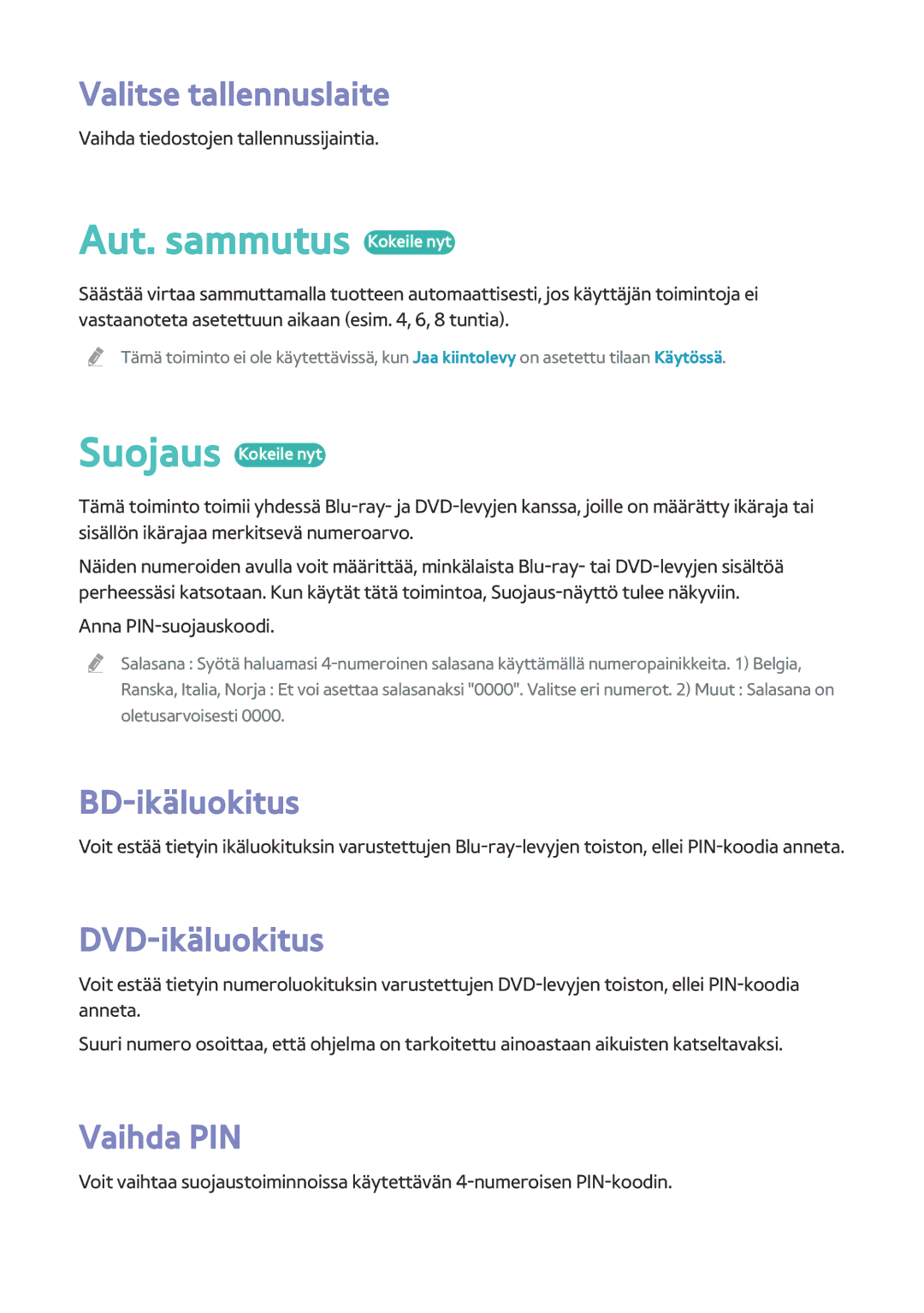 Samsung BD-H8500N/XE manual Aut. sammutus Kokeile nyt, Valitse tallennuslaite, BD-ikäluokitus, DVD-ikäluokitus, Vaihda PIN 