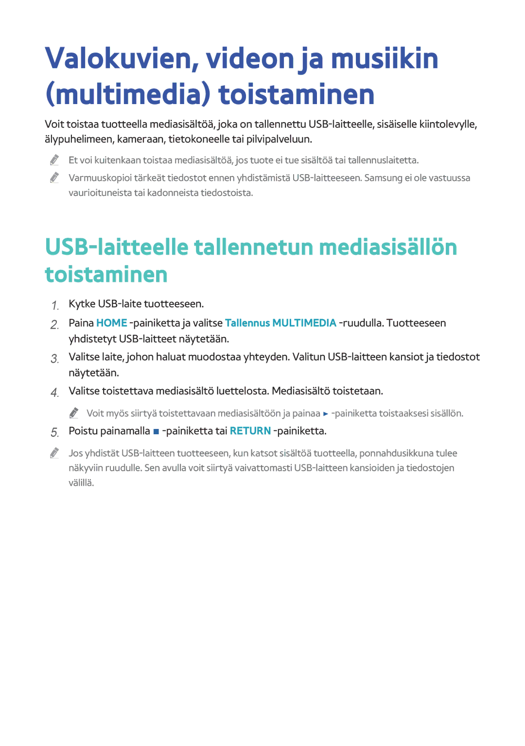 Samsung BD-H8900N/XE, BD-H8500N/XE manual USB-laitteelle tallennetun mediasisällön toistaminen 