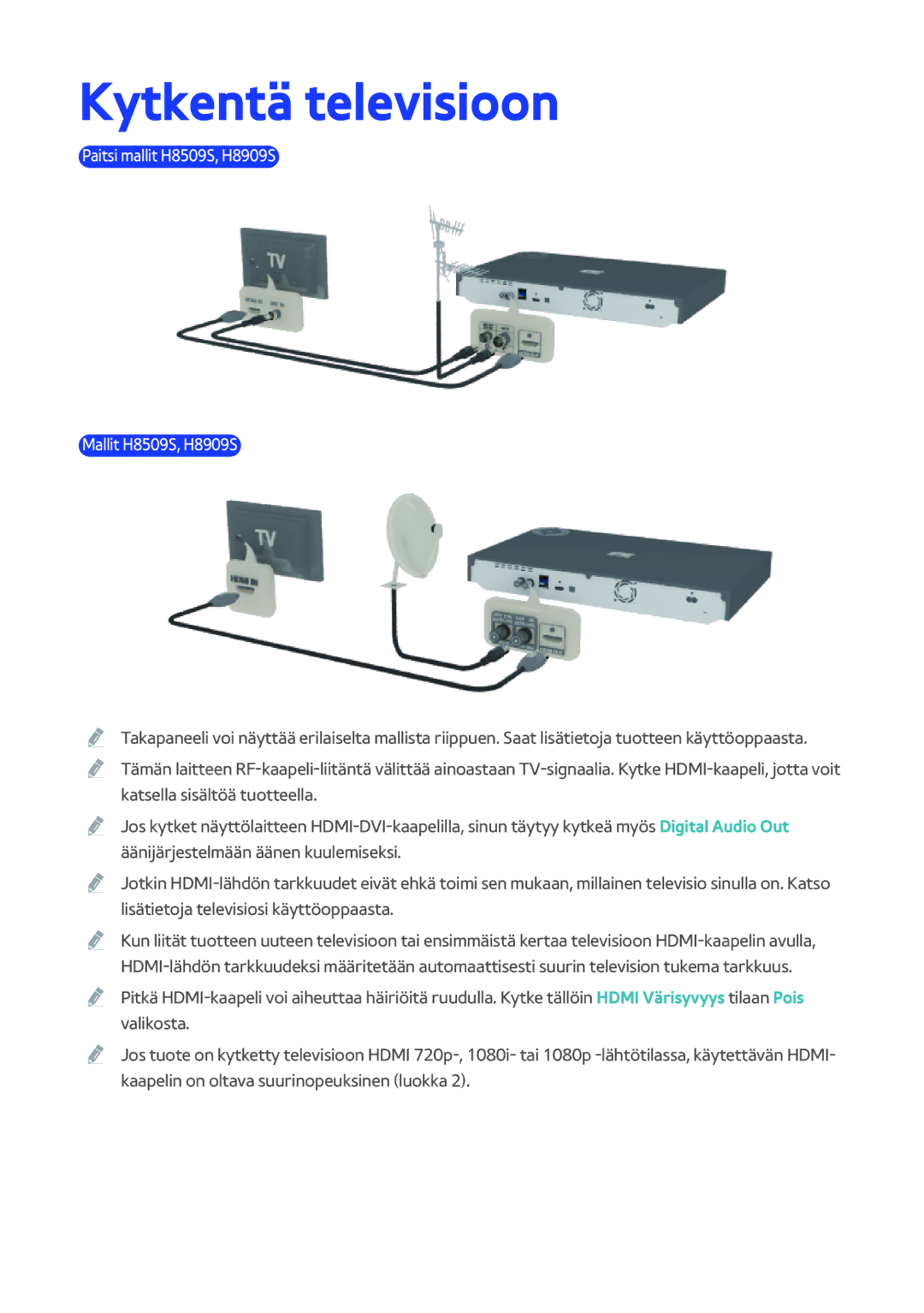 Samsung BD-H8500N/XE, BD-H8900N/XE manual Kytkentä televisioon, Paitsi mallit H8509S, H8909S Mallit H8509S, H8909S 
