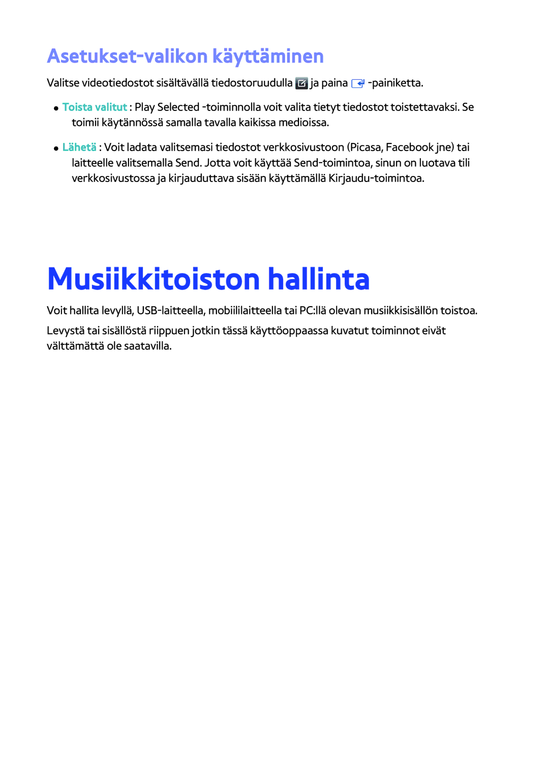 Samsung BD-H8500N/XE, BD-H8900N/XE manual Musiikkitoiston hallinta, Asetukset-valikon käyttäminen 