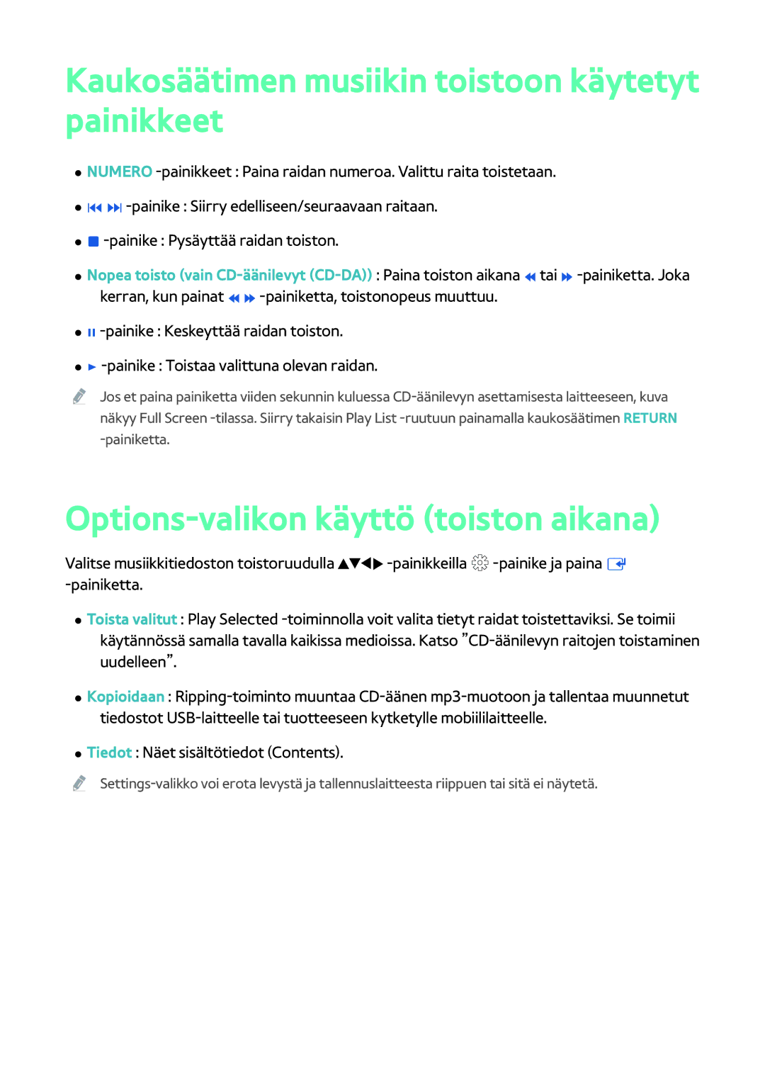 Samsung BD-H8900N/XE manual Kaukosäätimen musiikin toistoon käytetyt painikkeet, Options-valikon käyttö toiston aikana 