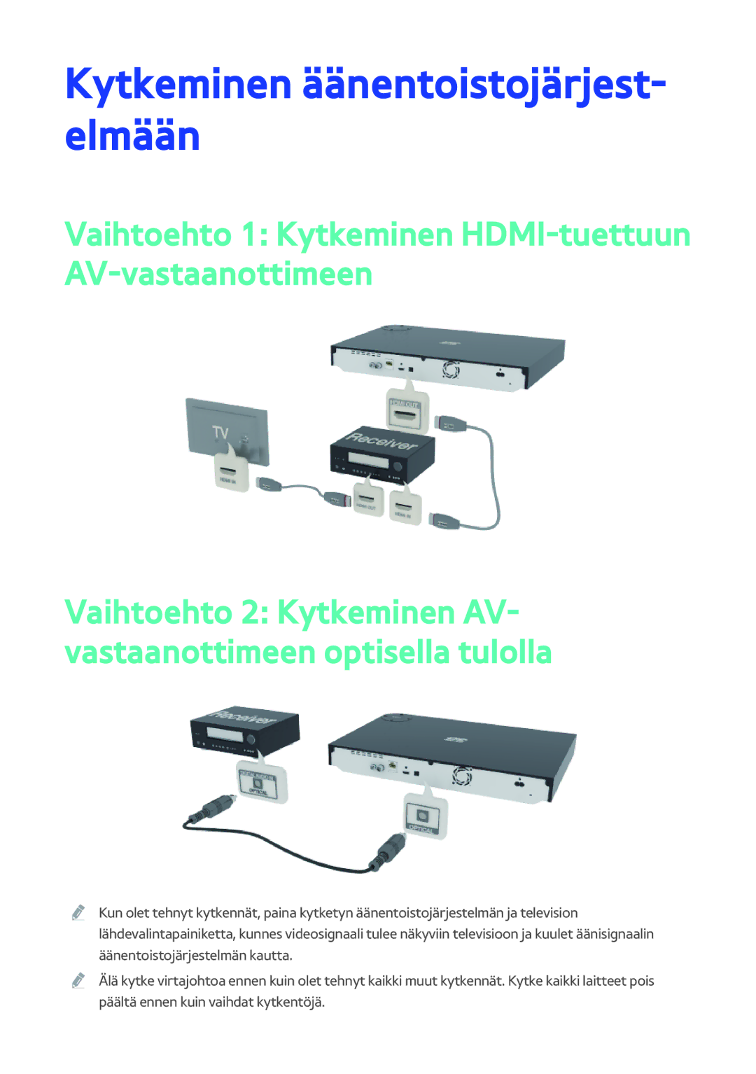 Samsung BD-H8500N/XE manual Kytkeminen äänentoistojärjest- elmään, Vaihtoehto 1 Kytkeminen HDMI-tuettuun AV-vastaanottimeen 