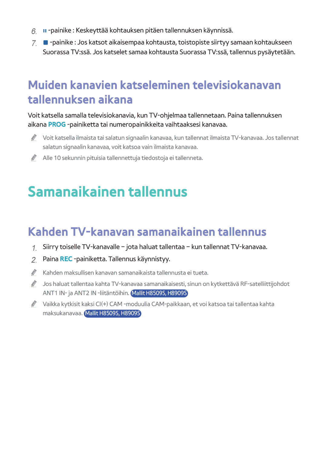 Samsung BD-H8500N/XE, BD-H8900N/XE manual Samanaikainen tallennus, Kahden TV-kanavan samanaikainen tallennus 