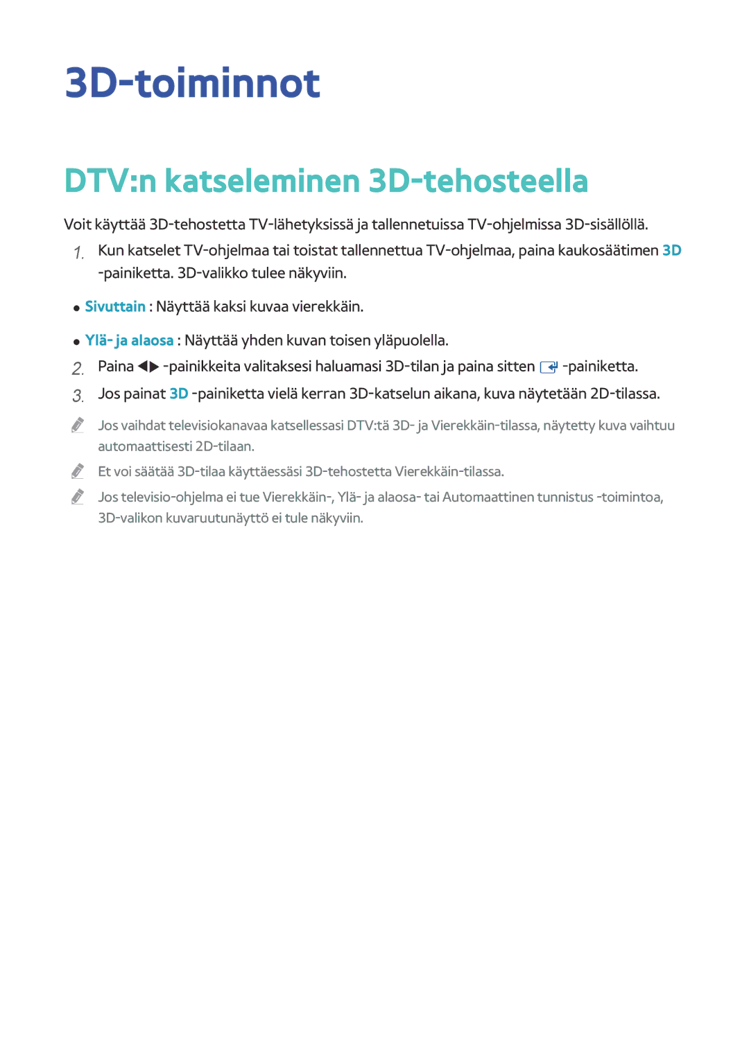 Samsung BD-H8500N/XE, BD-H8900N/XE manual 3D-toiminnot, DTVn katseleminen 3D-tehosteella 