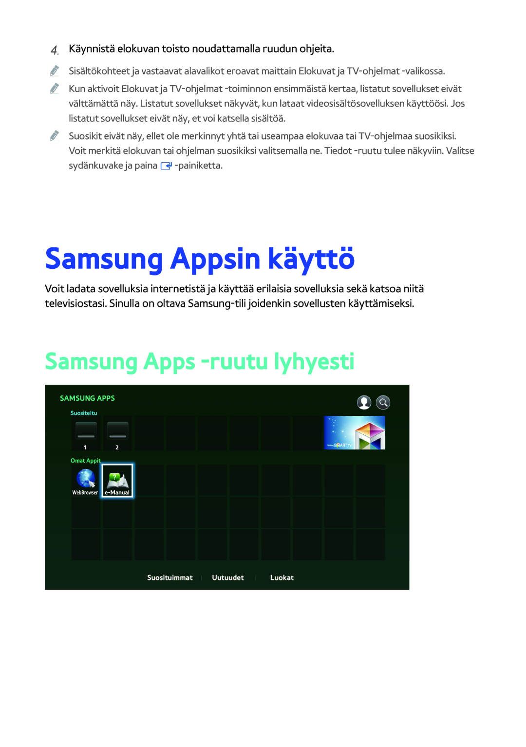 Samsung BD-H8500N/XE, BD-H8900N/XE manual Samsung Appsin käyttö, Samsung Apps -ruutu lyhyesti 