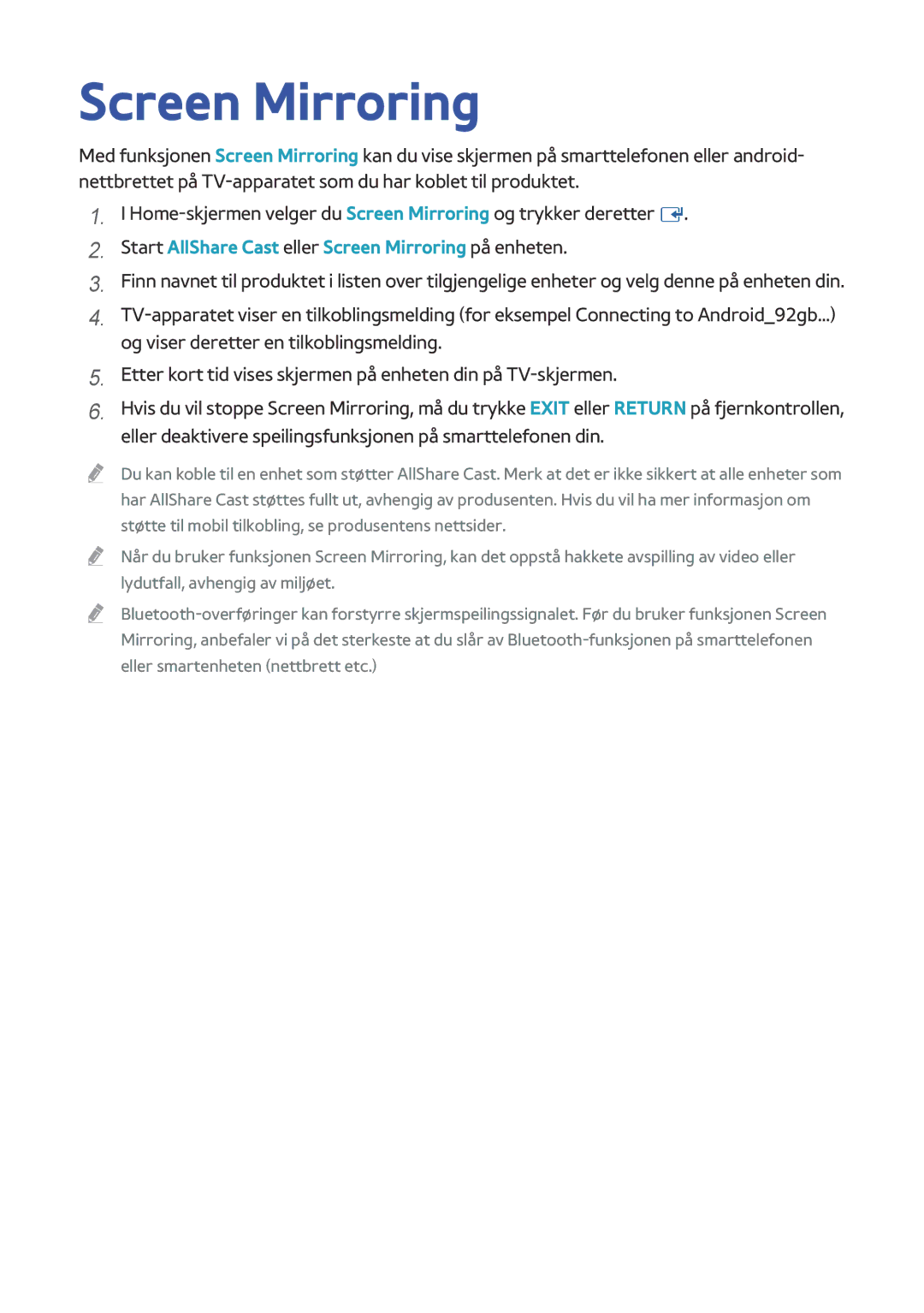 Samsung BD-H8500N/XE, BD-H8900N/XE manual Start AllShare Cast eller Screen Mirroring på enheten 