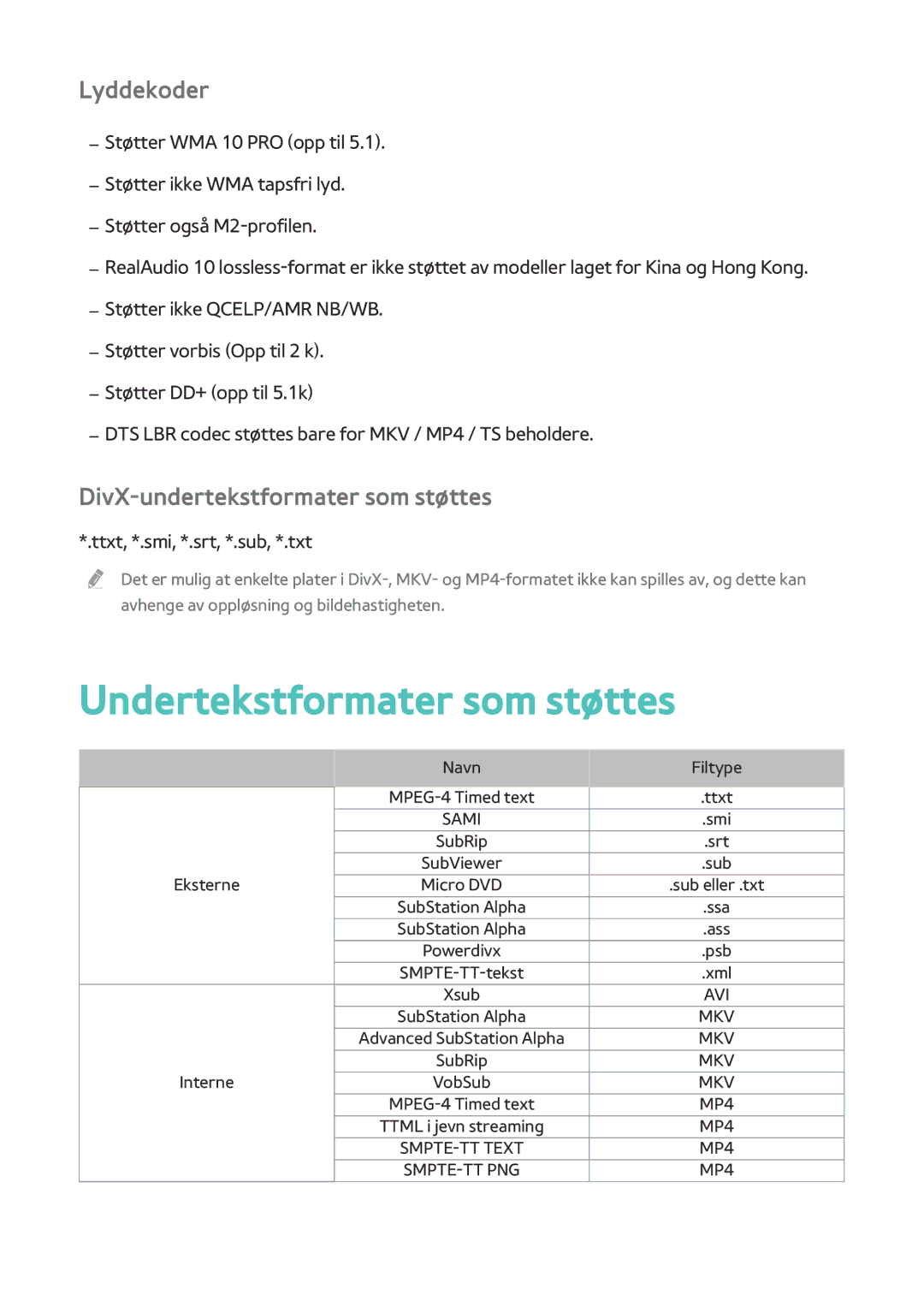 Samsung BD-H8500N/XE, BD-H8900N/XE manual Undertekstformater som støttes, Lyddekoder, DivX-undertekstformater som støttes 