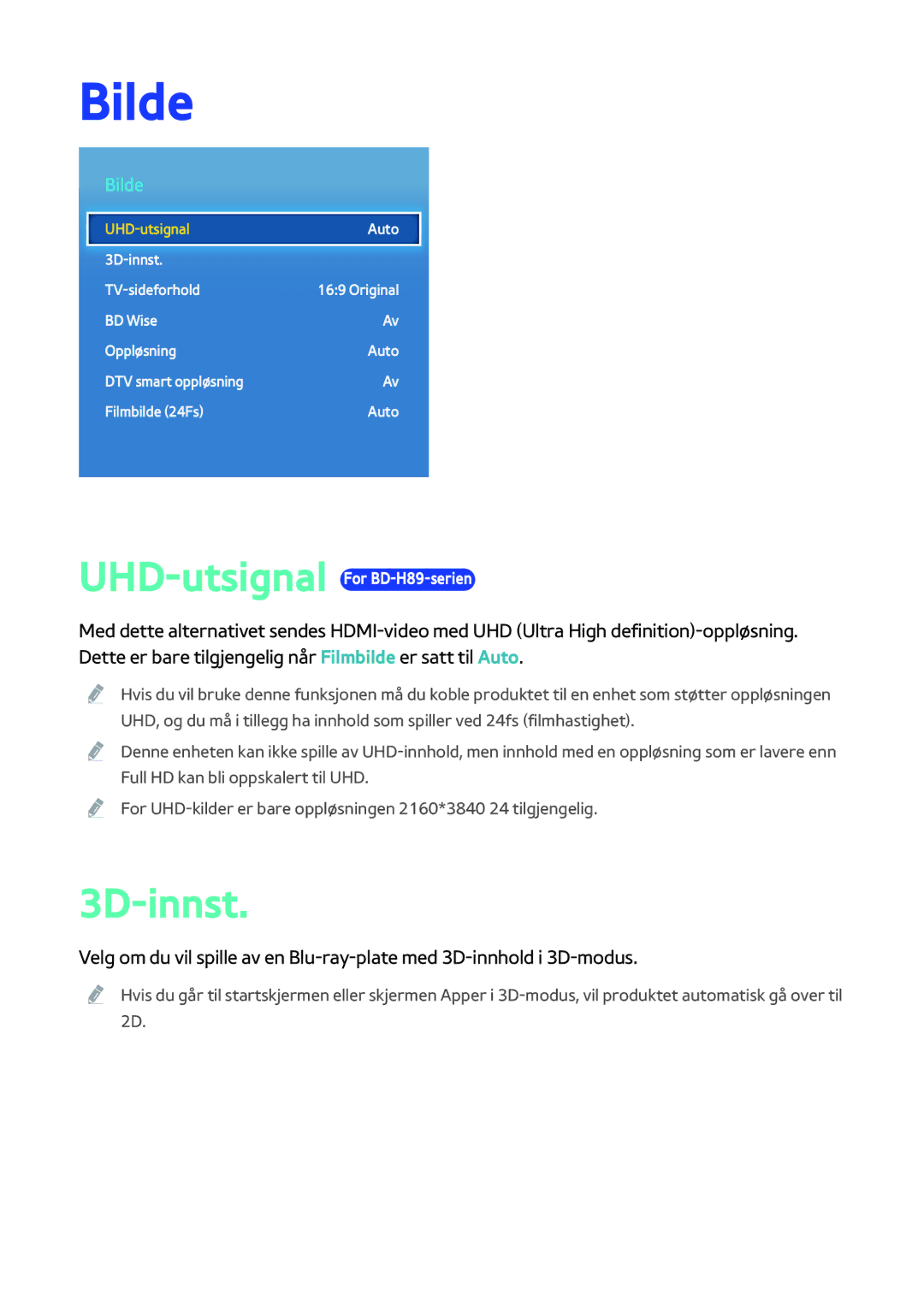 Samsung BD-H8500N/XE, BD-H8900N/XE manual Bilde, 3D-innst 