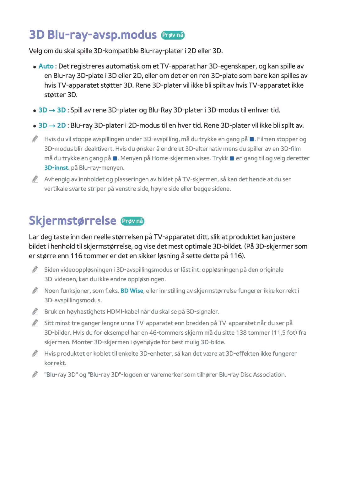 Samsung BD-H8900N/XE, BD-H8500N/XE manual 3D Blu-ray-avsp.modus Prøv nå, Skjermstørrelse Prøv nå 