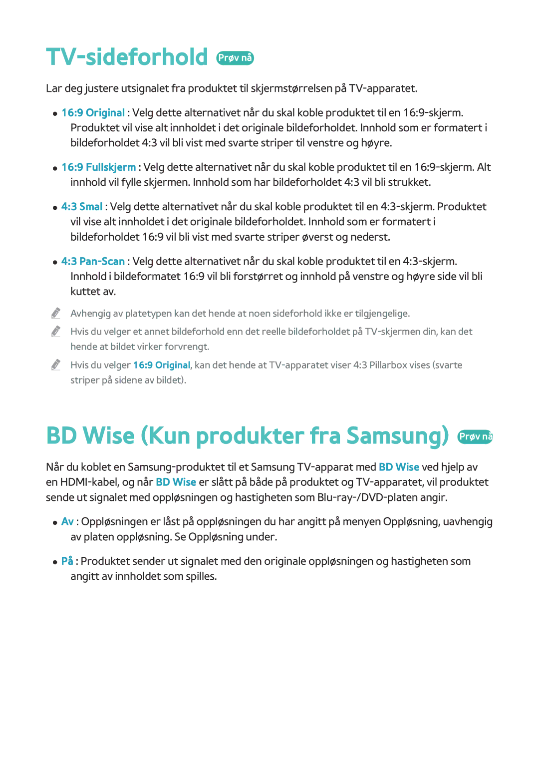 Samsung BD-H8500N/XE, BD-H8900N/XE manual TV-sideforhold Prøv nå, BD Wise Kun produkter fra Samsung Prøv nå 