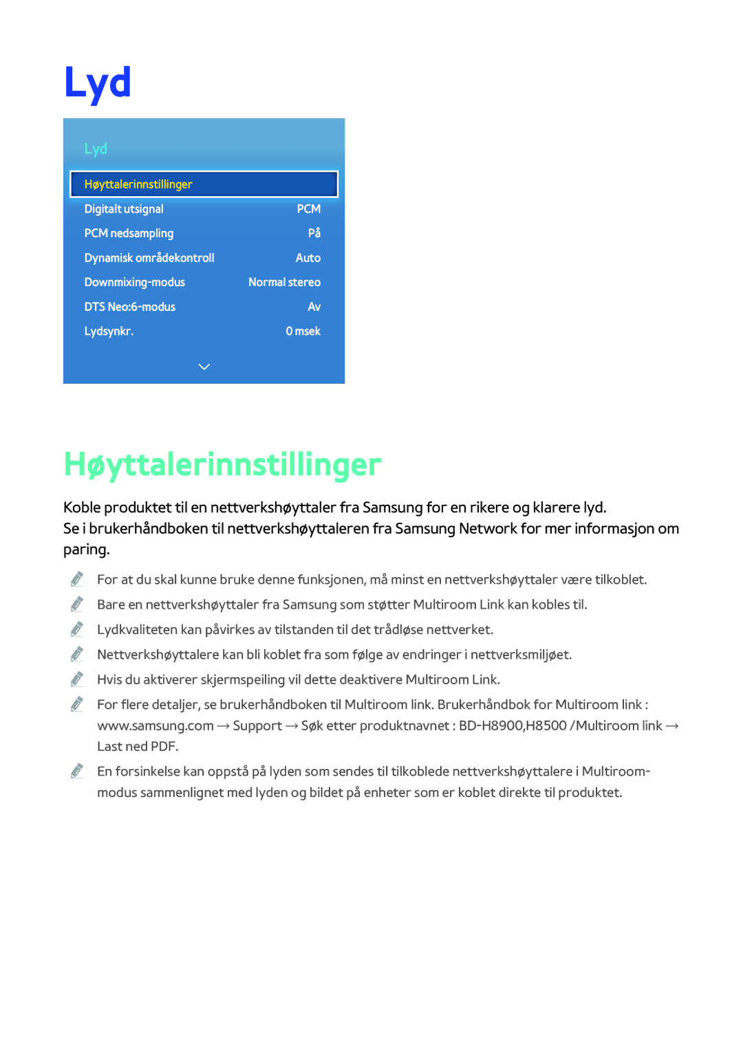 Samsung BD-H8900N/XE, BD-H8500N/XE manual Lyd, Høyttalerinnstillinger 