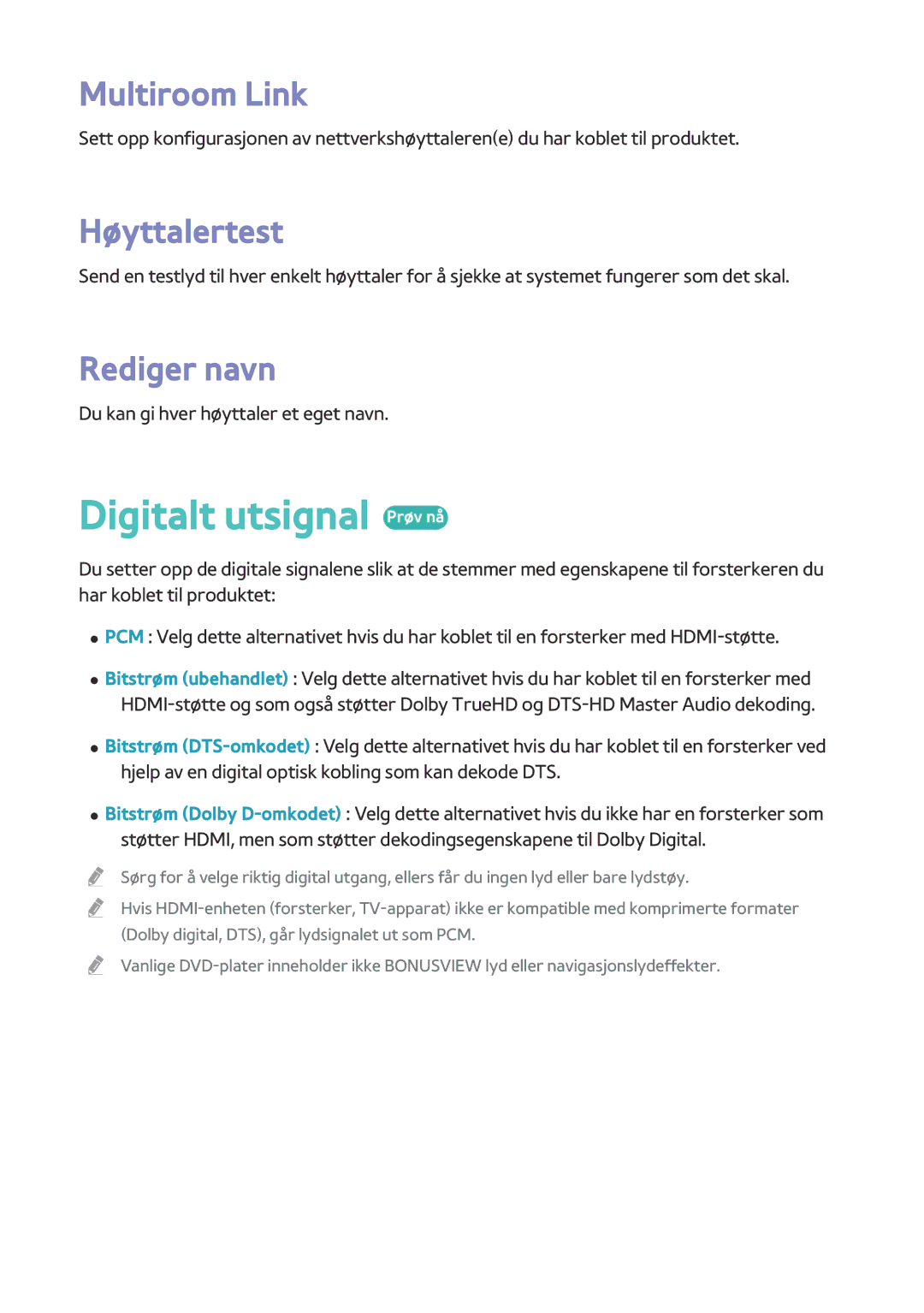 Samsung BD-H8500N/XE, BD-H8900N/XE manual Digitalt utsignal Prøv nå, Multiroom Link, Høyttalertest, Rediger navn 