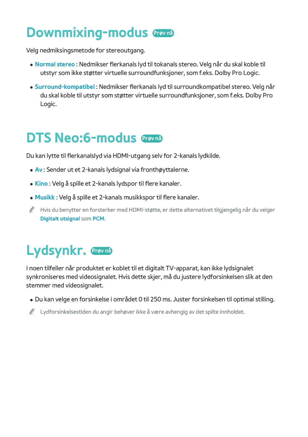 Samsung BD-H8500N/XE, BD-H8900N/XE manual Downmixing-modus Prøv nå, DTS Neo6-modus Prøv nå, Lydsynkr. Prøv nå 