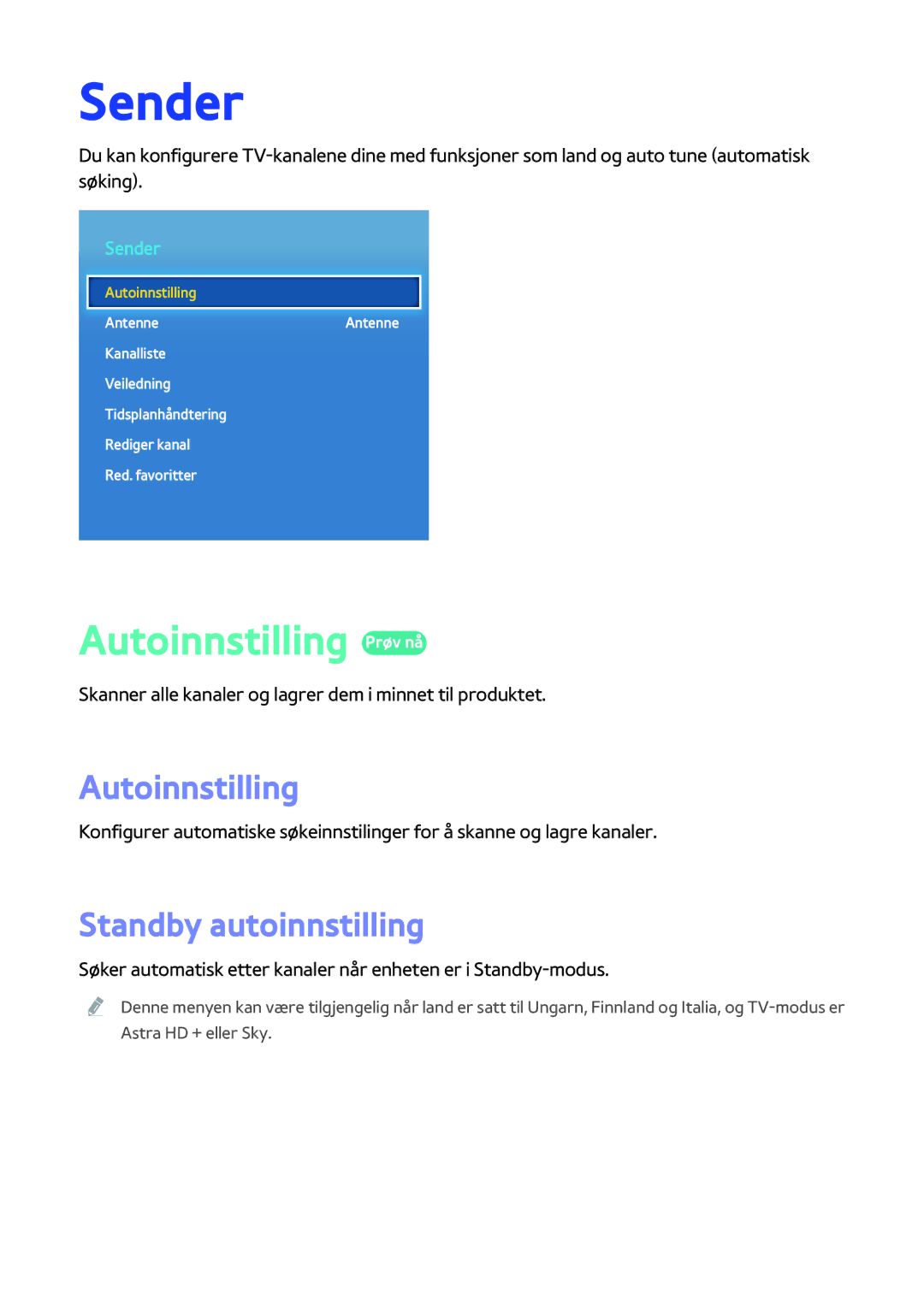 Samsung BD-H8500N/XE, BD-H8900N/XE manual Sender, Autoinnstilling Prøv nå, Standby autoinnstilling 