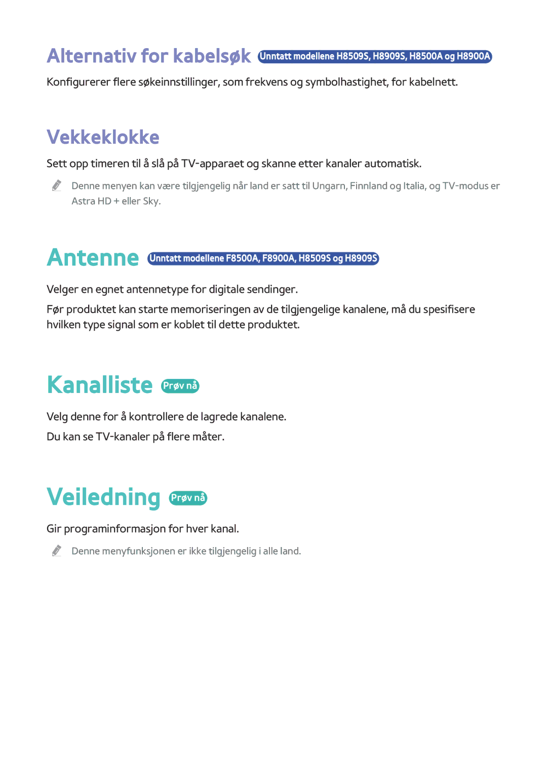 Samsung BD-H8900N/XE manual Kanalliste Prøv nå, Veiledning Prøv nå, Vekkeklokke, Gir programinformasjon for hver kanal 