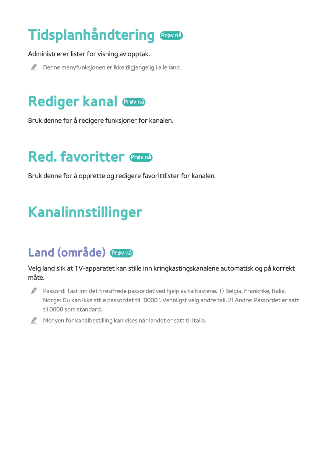 Samsung BD-H8500N/XE manual Tidsplanhåndtering Prøv nå, Rediger kanal Prøv nå, Red. favoritter Prøv nå, Kanalinnstillinger 