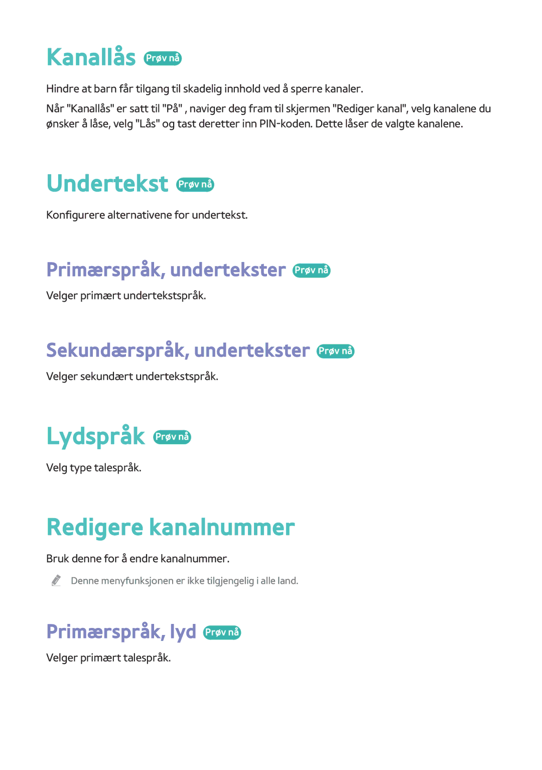 Samsung BD-H8500N/XE, BD-H8900N/XE manual Kanallås Prøv nå, Undertekst Prøv nå, Lydspråk Prøv nå, Redigere kanalnummer 