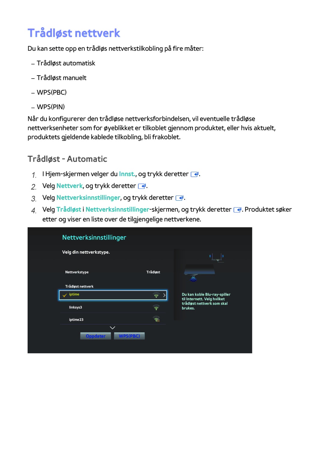 Samsung BD-H8500N/XE, BD-H8900N/XE manual Trådløst nettverk, Trådløst Automatic 