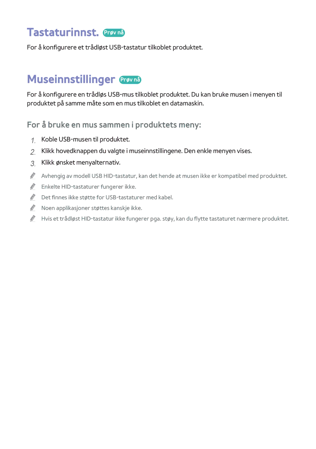 Samsung BD-H8500N/XE manual Tastaturinnst. Prøv nå, Museinnstillinger Prøv nå, For å bruke en mus sammen i produktets meny 