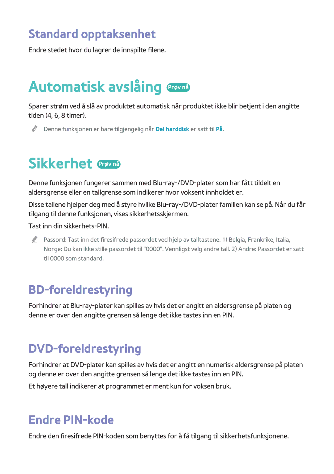 Samsung BD-H8500N/XE, BD-H8900N/XE manual Automatisk avslåing Prøv nå, Sikkerhet Prøv nå 