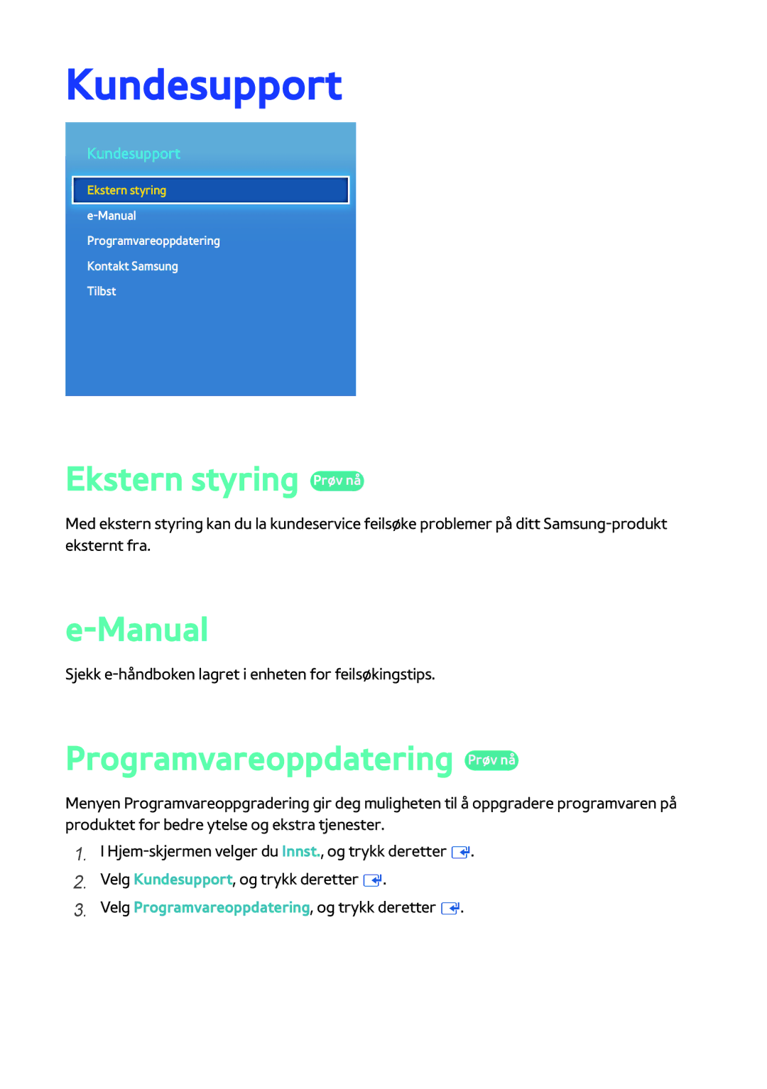 Samsung BD-H8500N/XE, BD-H8900N/XE manual Kundesupport, Ekstern styring Prøv nå, Manual, Programvareoppdatering Prøv nå 