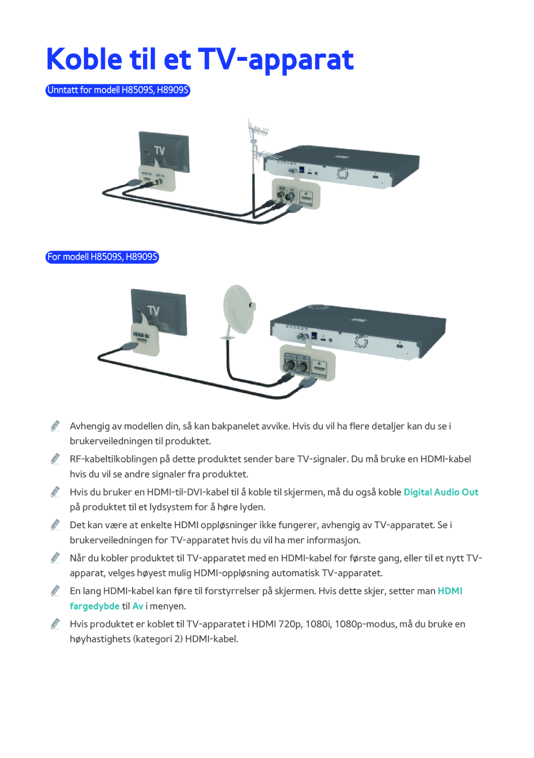 Samsung BD-H8500N/XE, BD-H8900N/XE Koble til et TV-apparat, Unntatt for modell H8509S, H8909S For modell H8509S, H8909S 