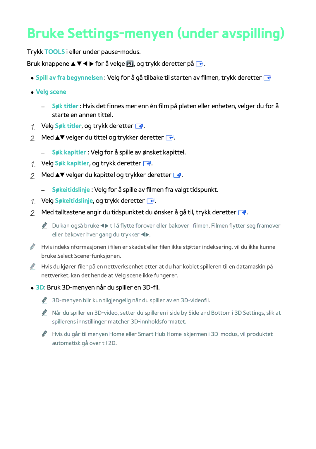 Samsung BD-H8900N/XE, BD-H8500N/XE manual Bruke Settings-menyen under avspilling, 3D Bruk 3D-menyen når du spiller en 3D-fil 