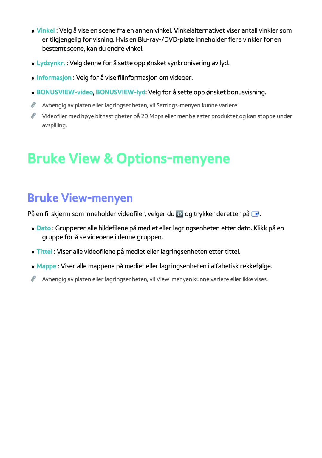 Samsung BD-H8900N/XE, BD-H8500N/XE manual Bruke View & Options-menyene, Bruke View-menyen 