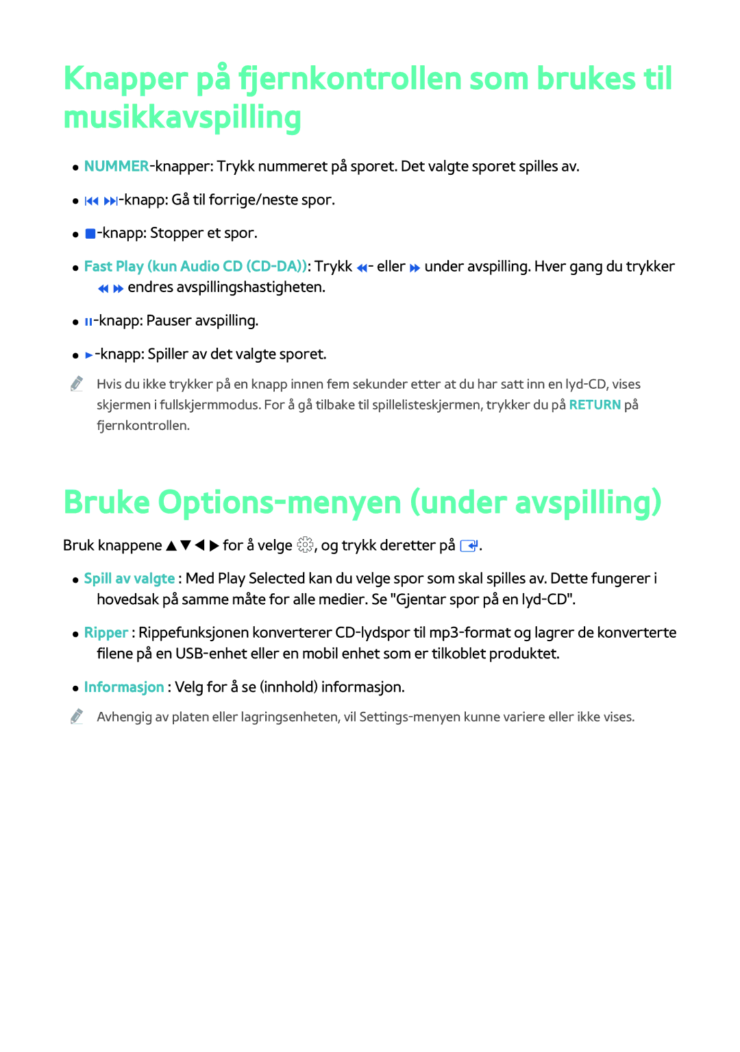 Samsung BD-H8900N/XE Knapper på fjernkontrollen som brukes til musikkavspilling, Bruke Options-menyen under avspilling 