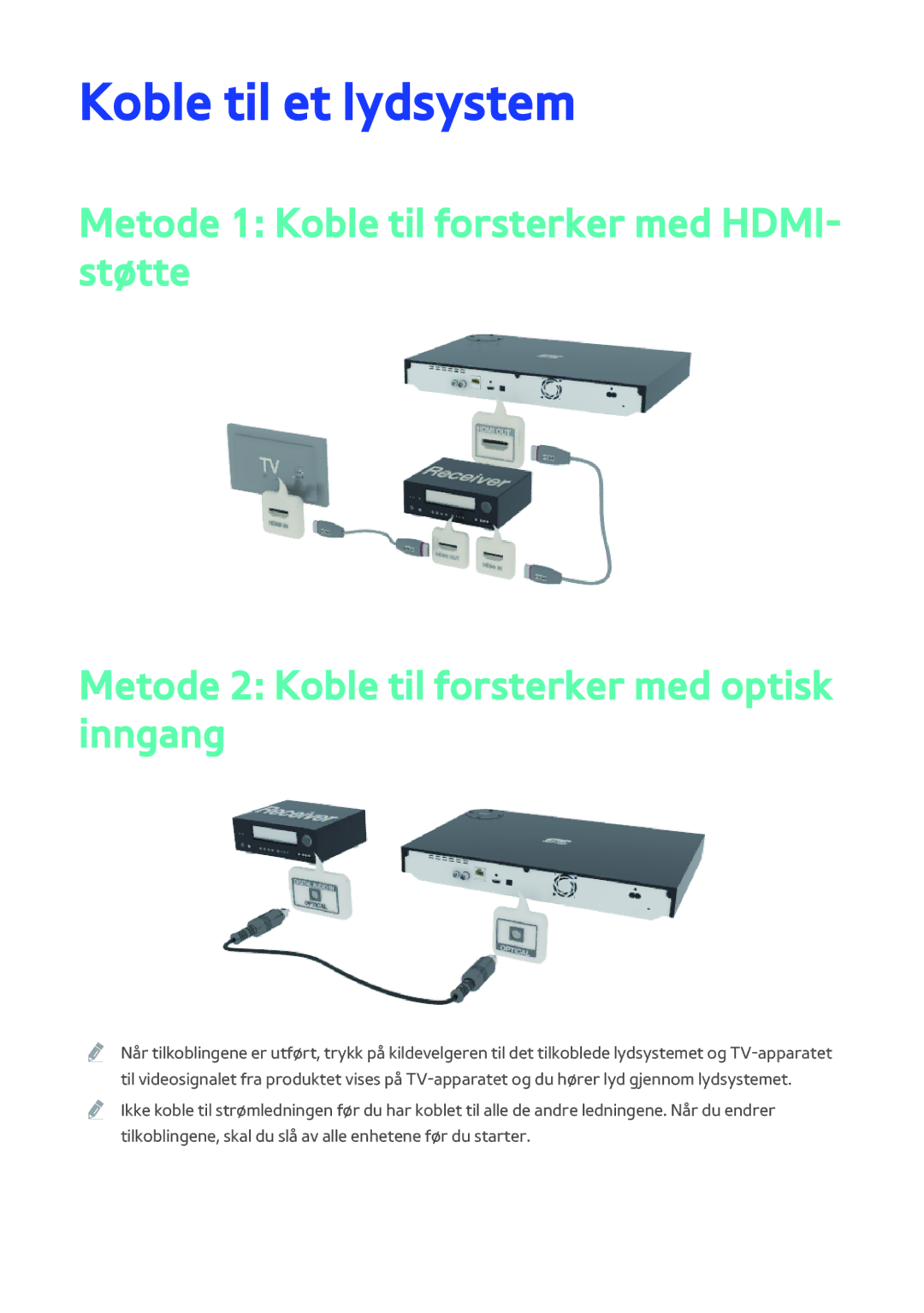 Samsung BD-H8500N/XE, BD-H8900N/XE manual Koble til et lydsystem 