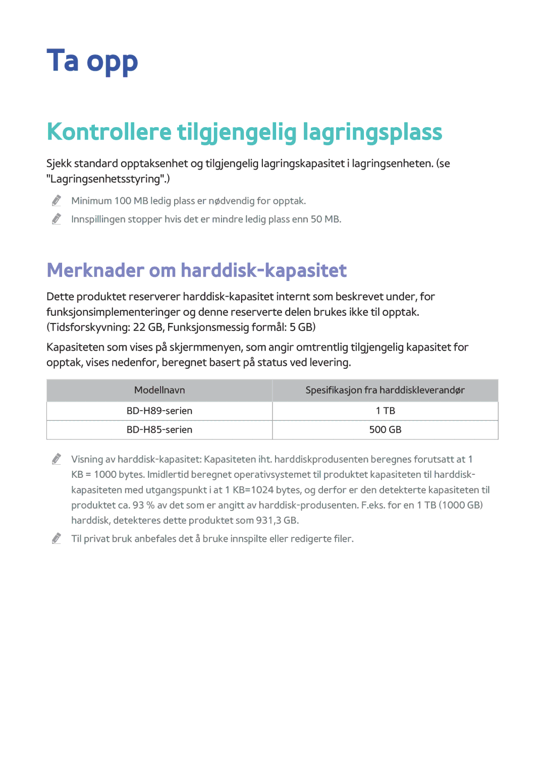 Samsung BD-H8500N/XE, BD-H8900N/XE manual Ta opp, Kontrollere tilgjengelig lagringsplass, Merknader om harddisk-kapasitet 