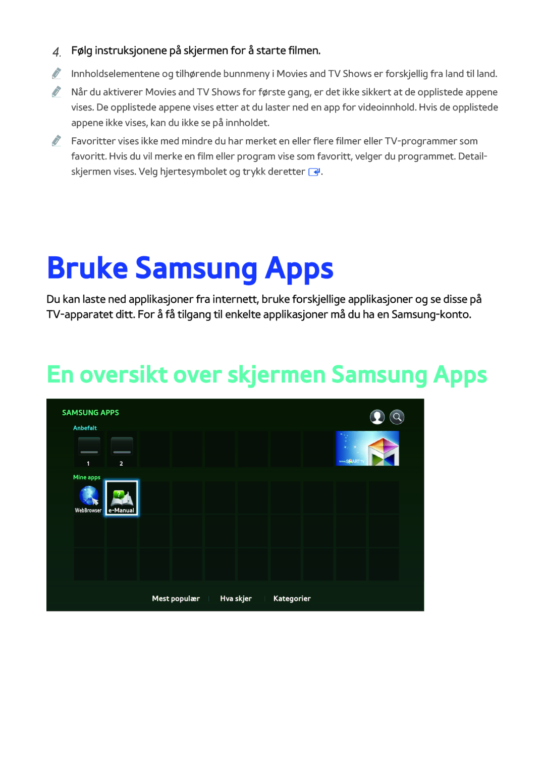 Samsung BD-H8500N/XE, BD-H8900N/XE manual Bruke Samsung Apps, En oversikt over skjermen Samsung Apps 