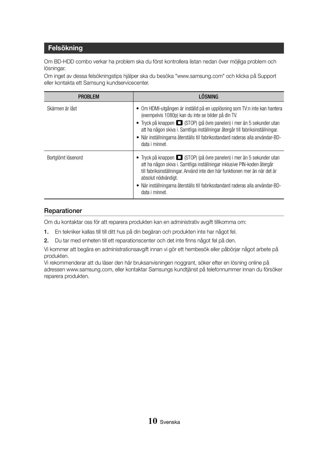 Samsung BD-H8500N/XE, BD-H8900N/XE manual Felsökning, Reparationer, Problem Lösning 