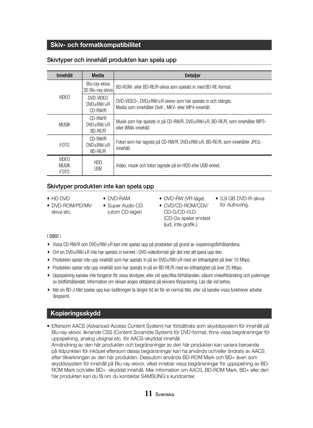 Samsung BD-H8900N/XE manual Skiv- och formatkompatibilitet, Skivtyper och innehåll produkten kan spela upp, Kopieringsskydd 