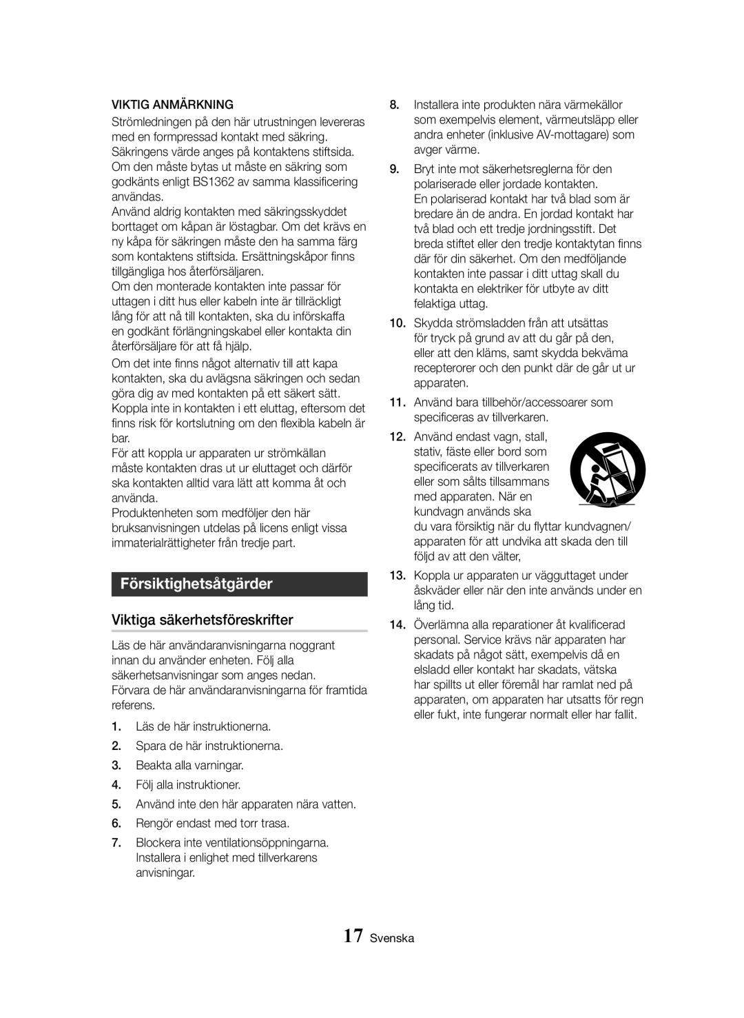 Samsung BD-H8900N/XE, BD-H8500N/XE manual Försiktighetsåtgärder, Viktiga säkerhetsföreskrifter, Viktig Anmärkning 