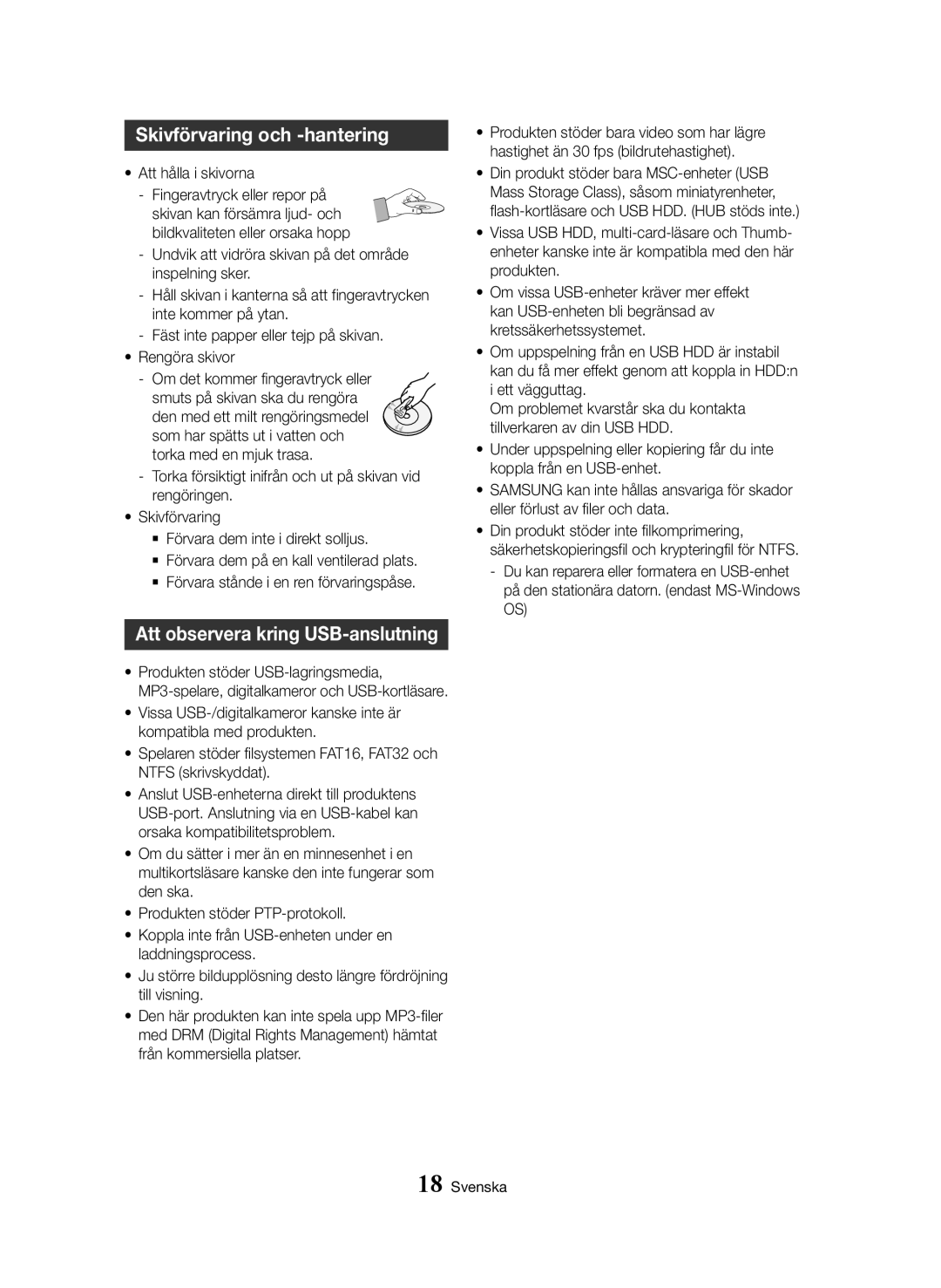 Samsung BD-H8500N/XE, BD-H8900N/XE manual Skivförvaring och -hantering, Att observera kring USB-anslutning 