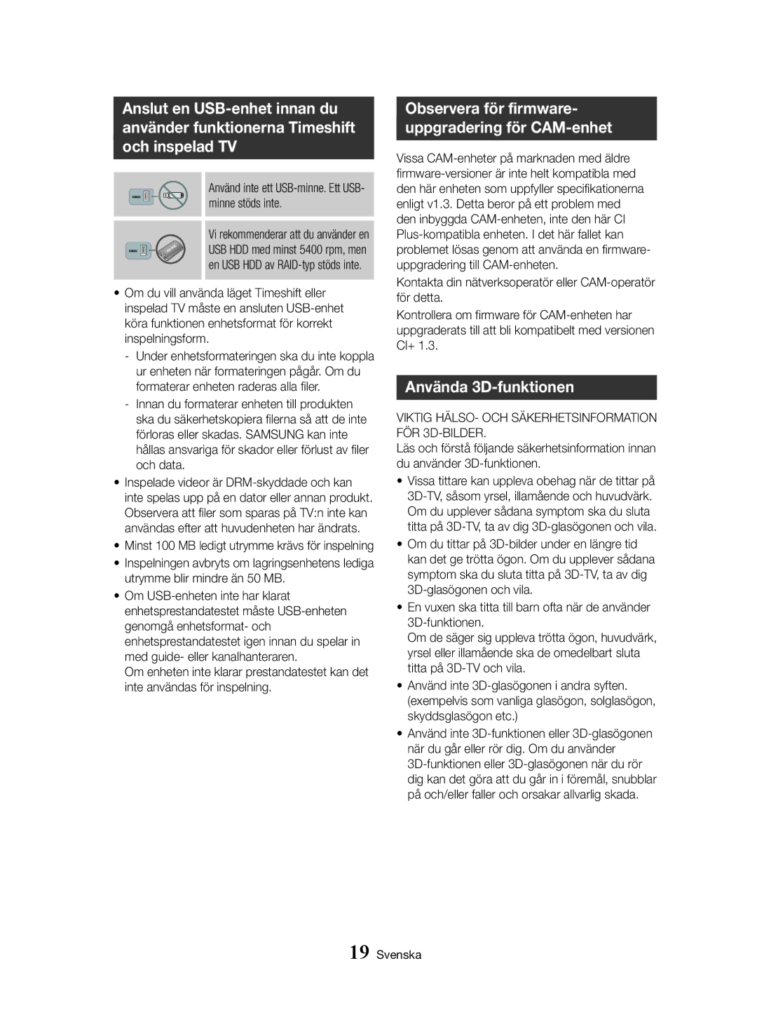 Samsung BD-H8900N/XE, BD-H8500N/XE manual Observera för firmware- uppgradering för CAM-enhet, Använda 3D-funktionen 