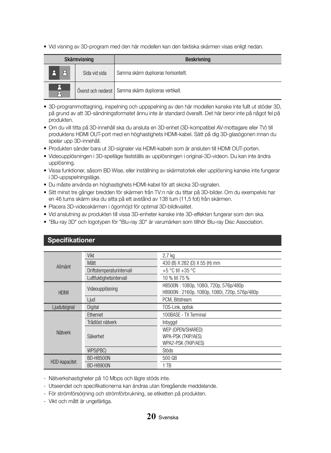 Samsung BD-H8500N/XE, BD-H8900N/XE manual Specifikationer 