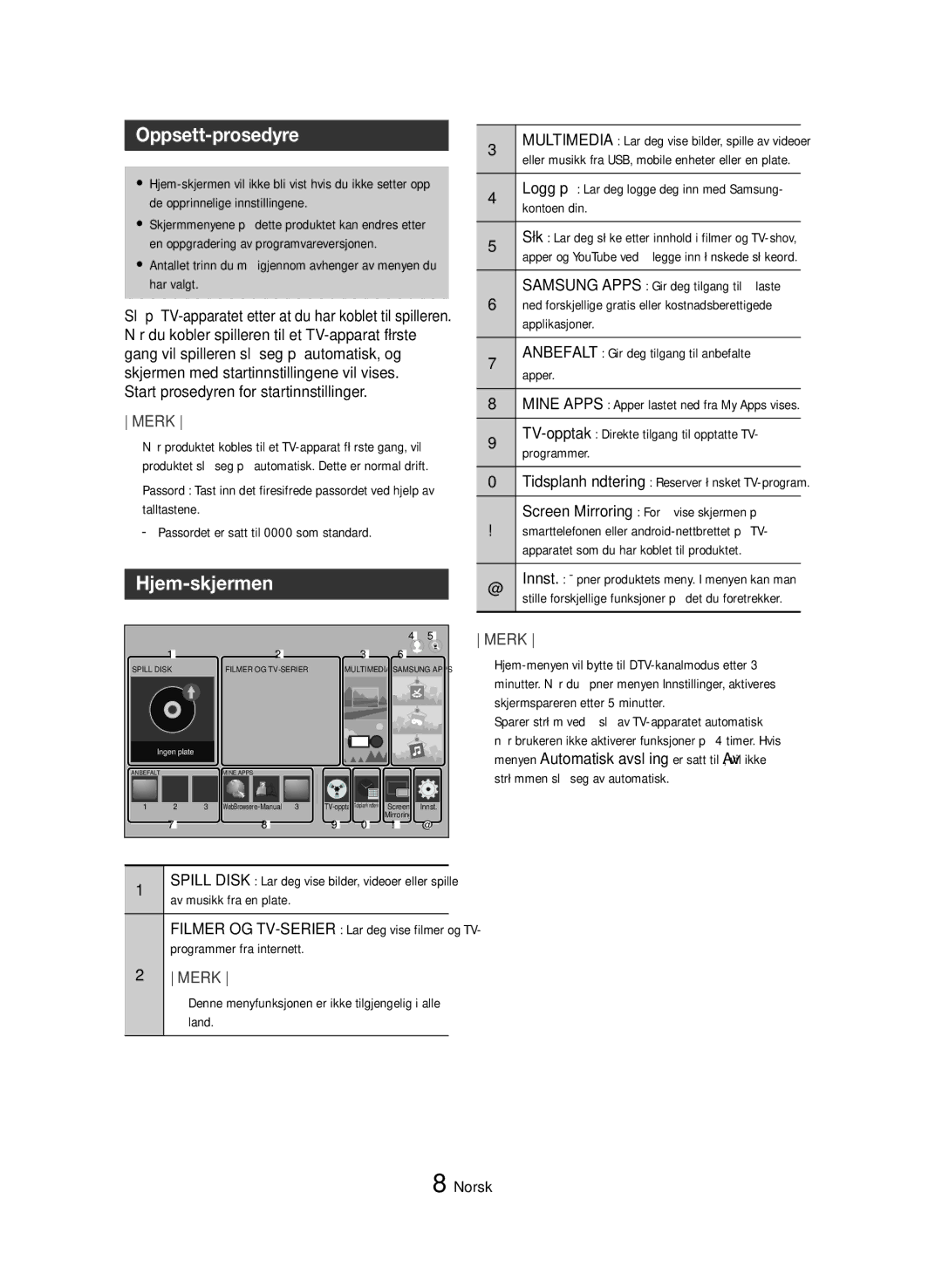 Samsung BD-H8500N/XE, BD-H8900N/XE manual Oppsett-prosedyre, Hjem-skjermen 