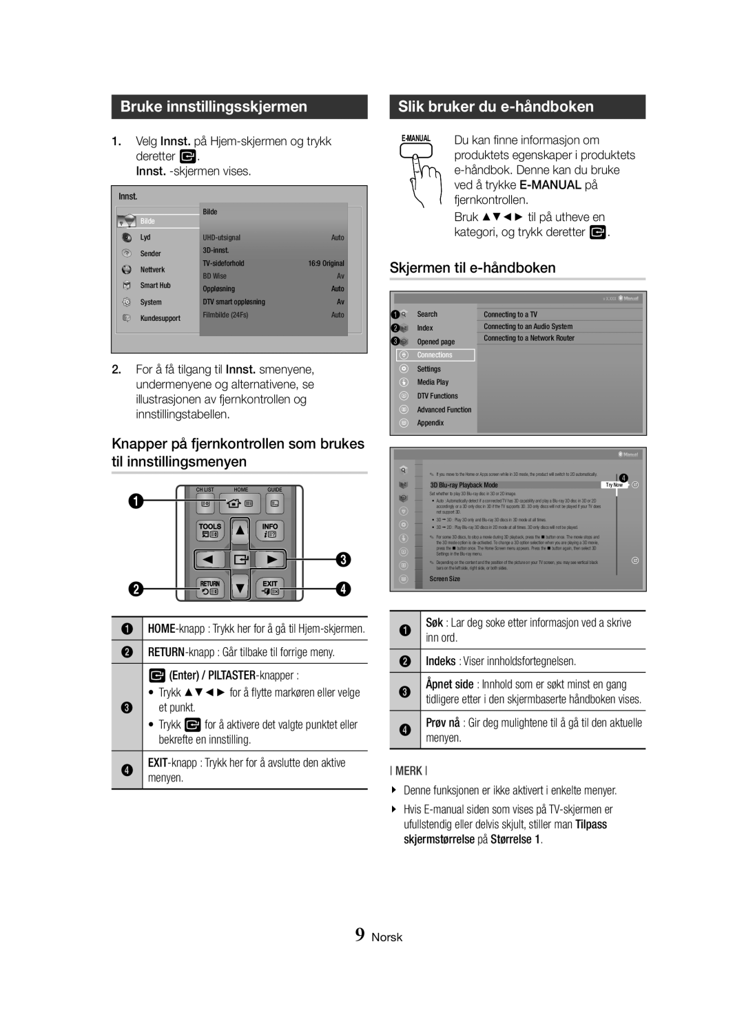 Samsung BD-H8900N/XE, BD-H8500N/XE manual Bruke innstillingsskjermen, Slik bruker du e-håndboken, Skjermen til e-håndboken 