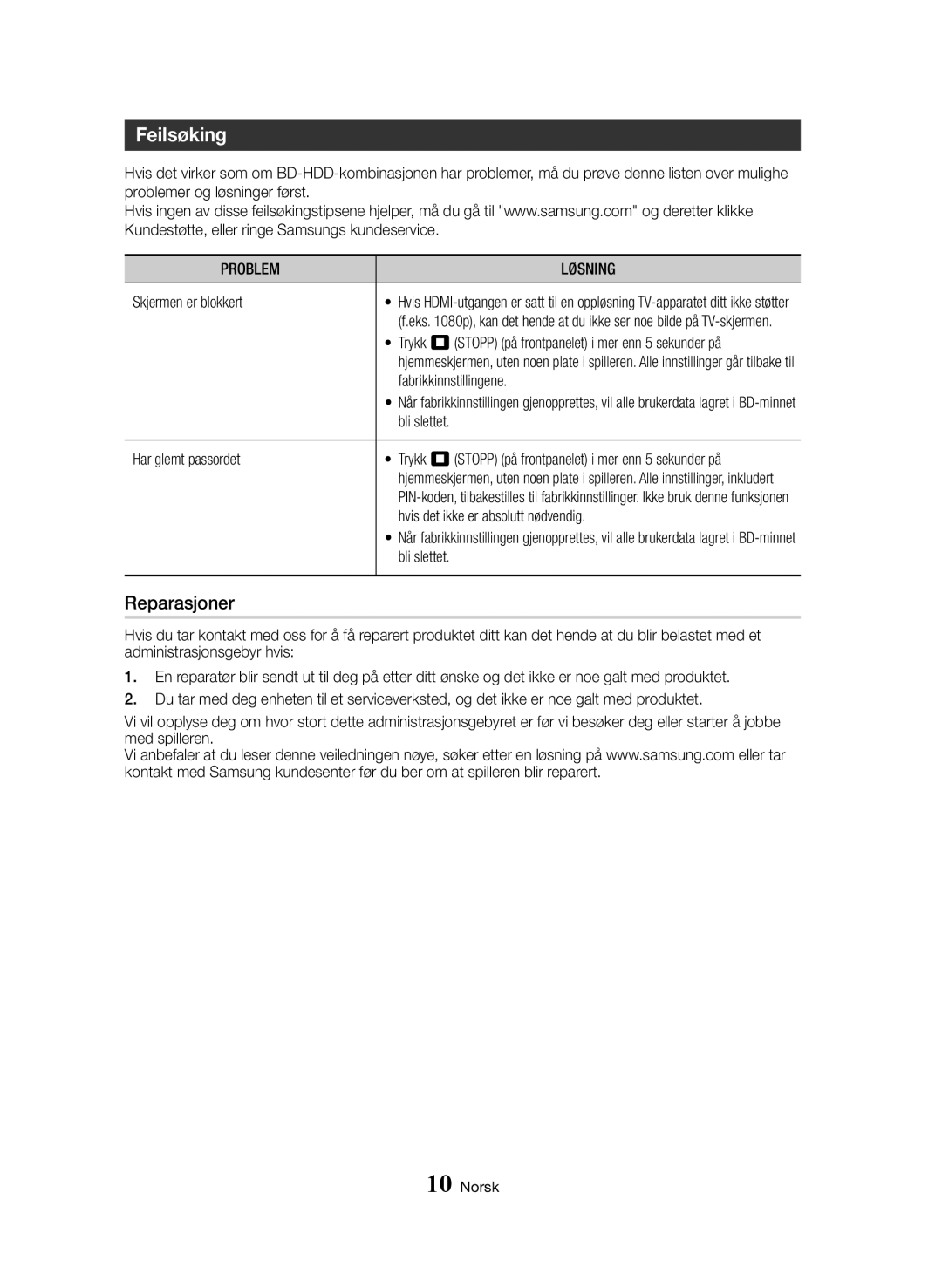 Samsung BD-H8500N/XE, BD-H8900N/XE manual Feilsøking, Reparasjoner, Problem Løsning 