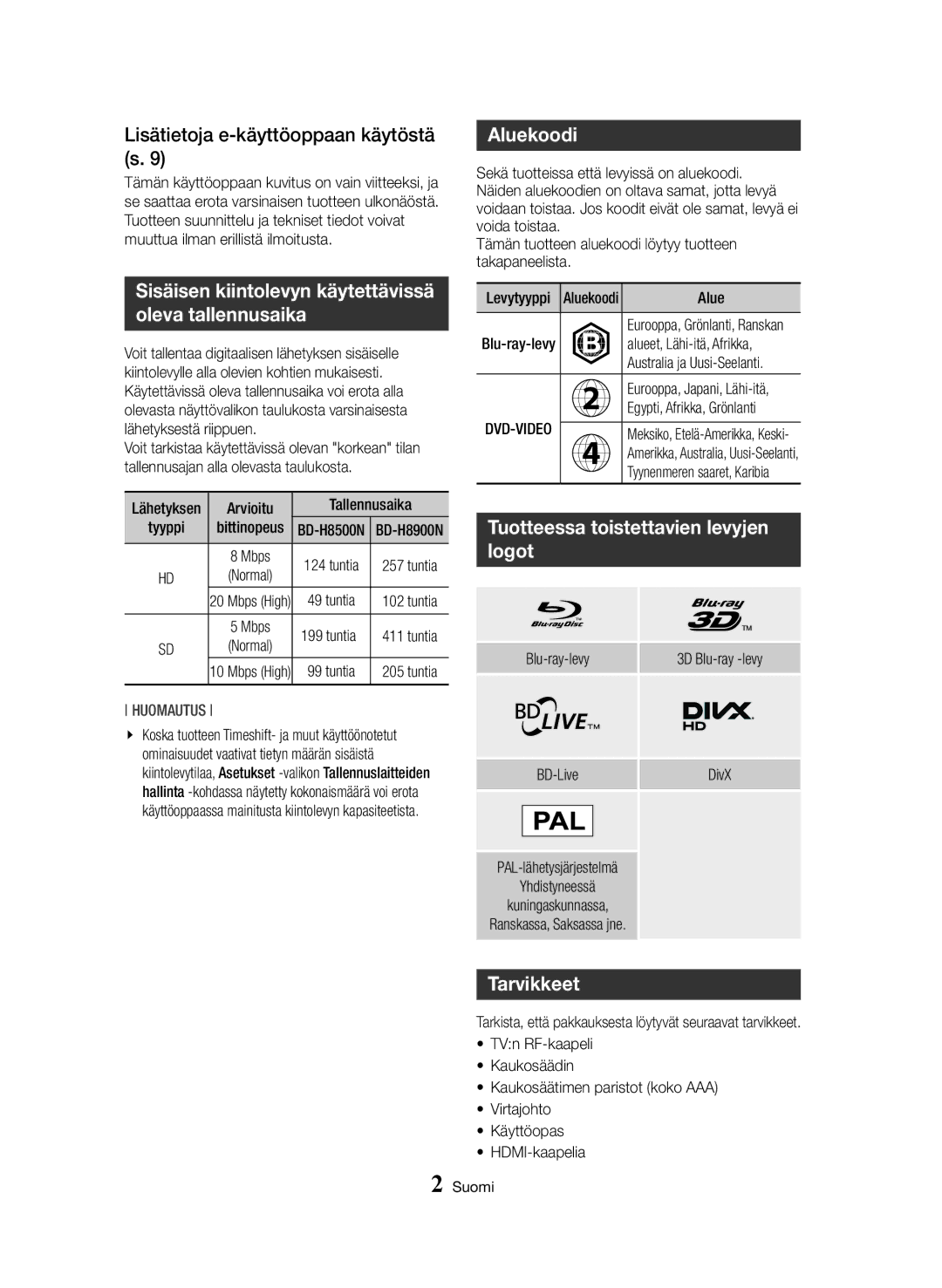 Samsung BD-H8500N/XE Lisätietoja e-käyttöoppaan käytöstä s, Aluekoodi, Tuotteessa toistettavien levyjen logot, Tarvikkeet 