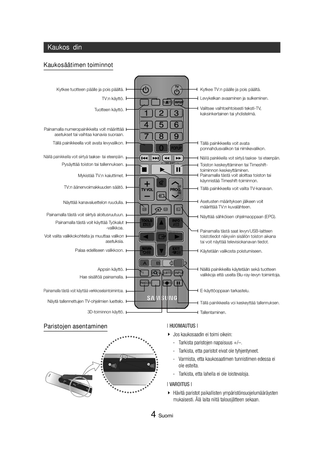 Samsung BD-H8500N/XE, BD-H8900N/XE manual Kaukosäädin, Kaukosäätimen toiminnot, Paristojen asentaminen 