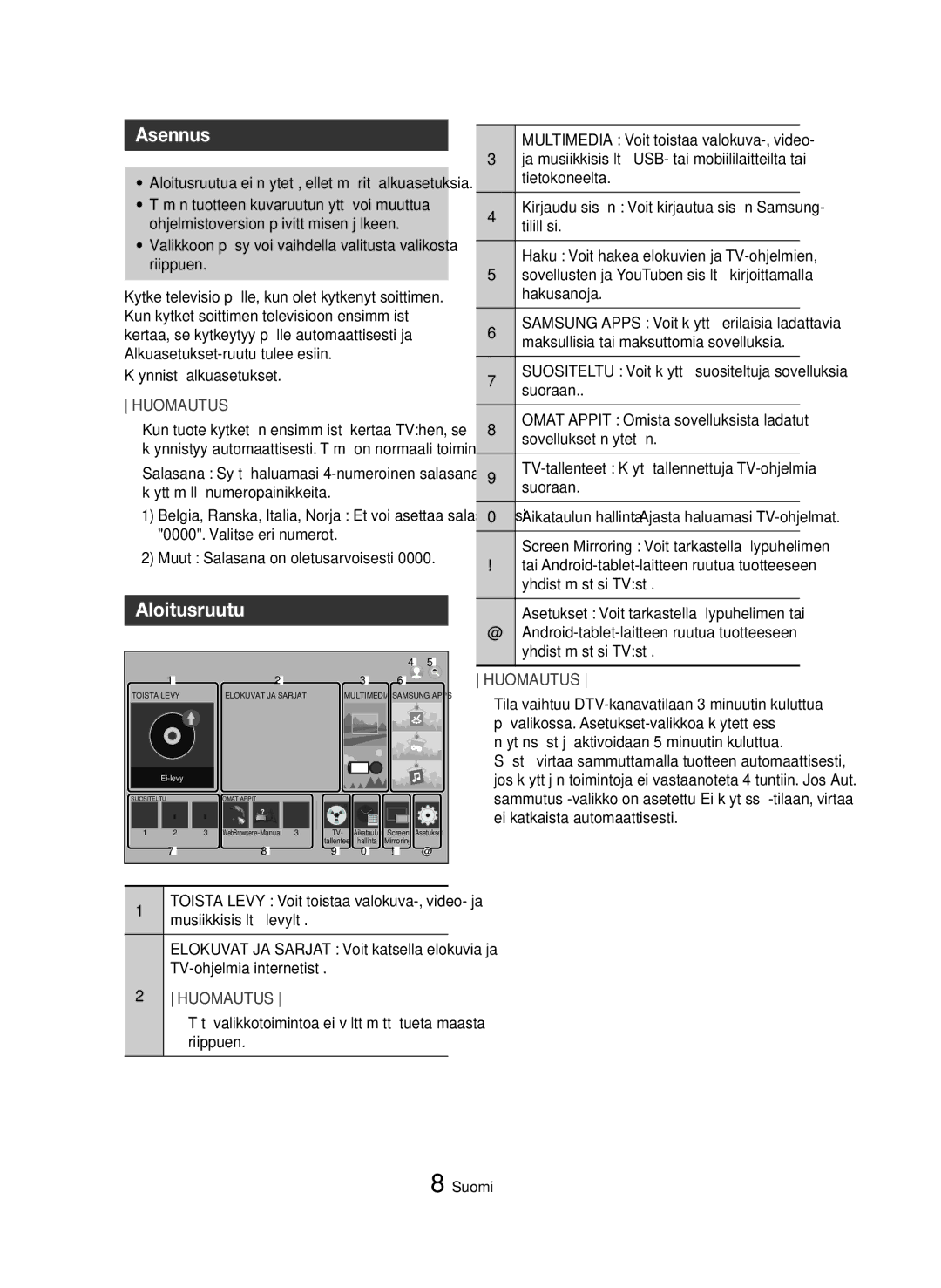 Samsung BD-H8500N/XE, BD-H8900N/XE manual Asennus, Aloitusruutu 