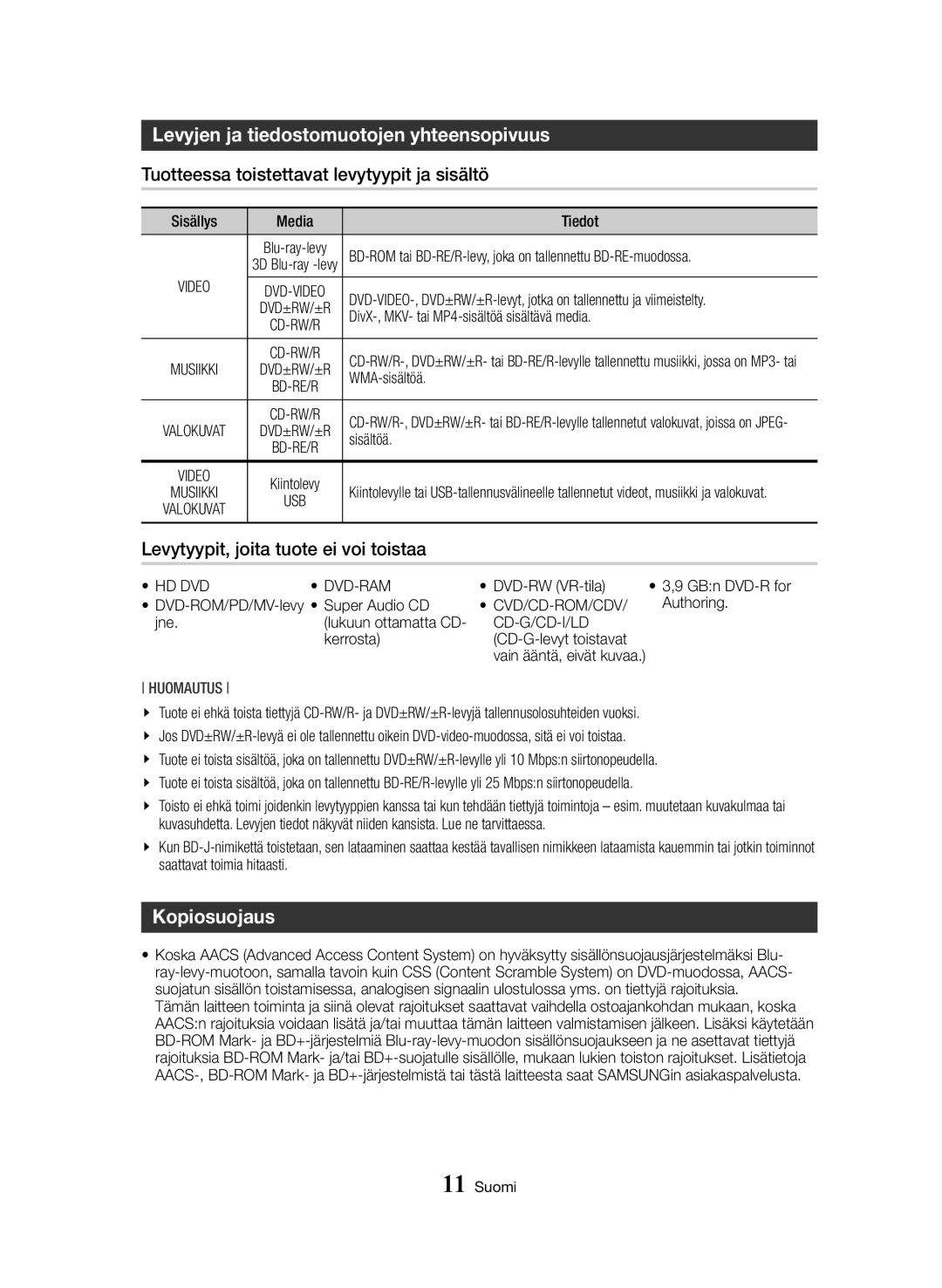 Samsung BD-H8900N/XE manual Levyjen ja tiedostomuotojen yhteensopivuus, Tuotteessa toistettavat levytyypit ja sisältö 