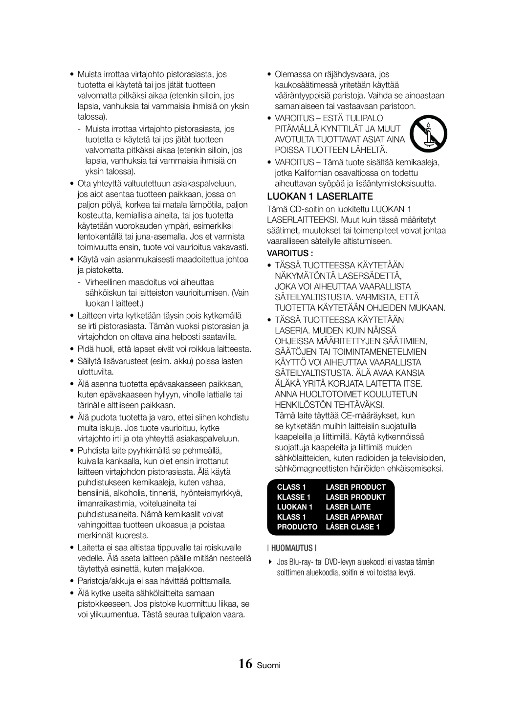 Samsung BD-H8500N/XE, BD-H8900N/XE manual Säilytä lisävarusteet esim. akku poissa lasten ulottuvilta, Varoitus 